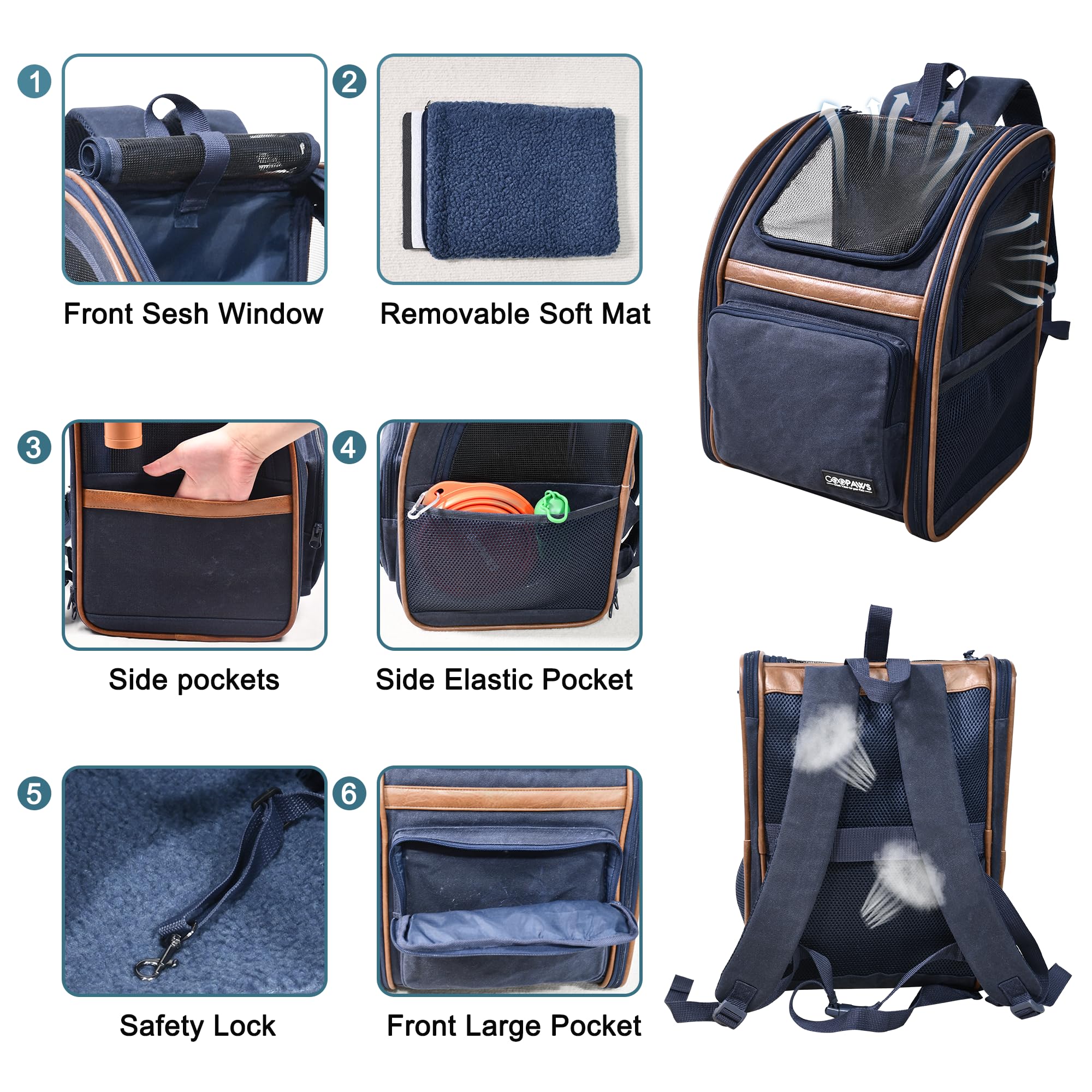 JESPET & GOOPAWS Collapsible Pet Carrier Backpack for Dogs and Cats - Breathable Mesh Design for Hiking, Travel, Camping & Outdoor Adventures - Holds Pets Up to 25 lbs (Navy Blue) - Perfect for Airplane, Car Rides & Vet Visits