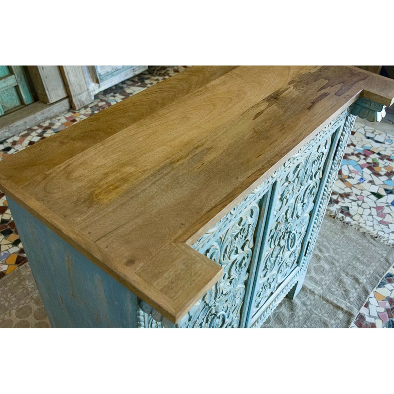 Rustic Blue Floral Carved Solid Wood Sideboard - Farmhouse Dining Room Buffet Cabinet for Home Decor & Storage