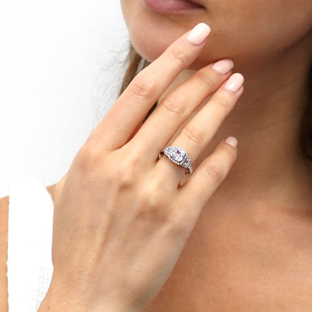 BERRICLE Sterling Silver 3-Stone Wedding & Engagement Ring for Women - 2 Carat Cushion Cut Cubic Zirconia CZ Halo Ring, Rhodium Plated, Size 4-10 - Perfect for Proposals, Anniversaries & Special Occasions