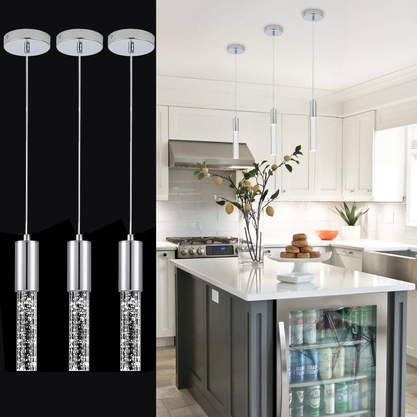3-Pack Modern Chrome LED Crystal Bubble Pendant Lights - 3000K Warm White Kitchen Island Lighting Fixtures for Bedroom, Bar, Dining Room - Perfect for Home Decor, Restaurant & Commercial Spaces