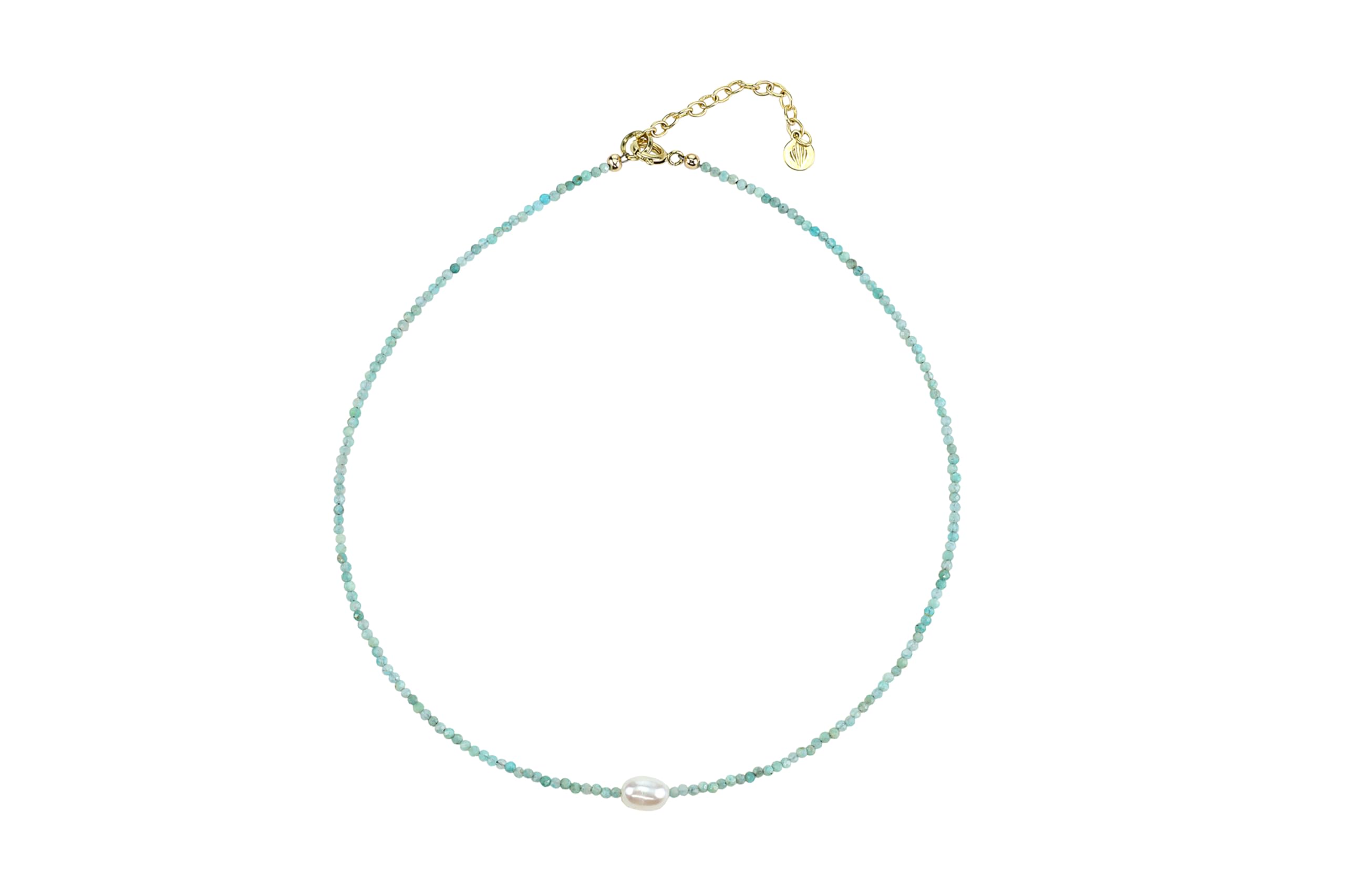 2mm Beaded Amazonite Necklace with Freshwater Pearl Pendant - Dainty Gold Bridal Jewelry for Weddings, Bridesmaid Gifts & Special Occasions - Elegant Light Blue Beaded Necklace for Women