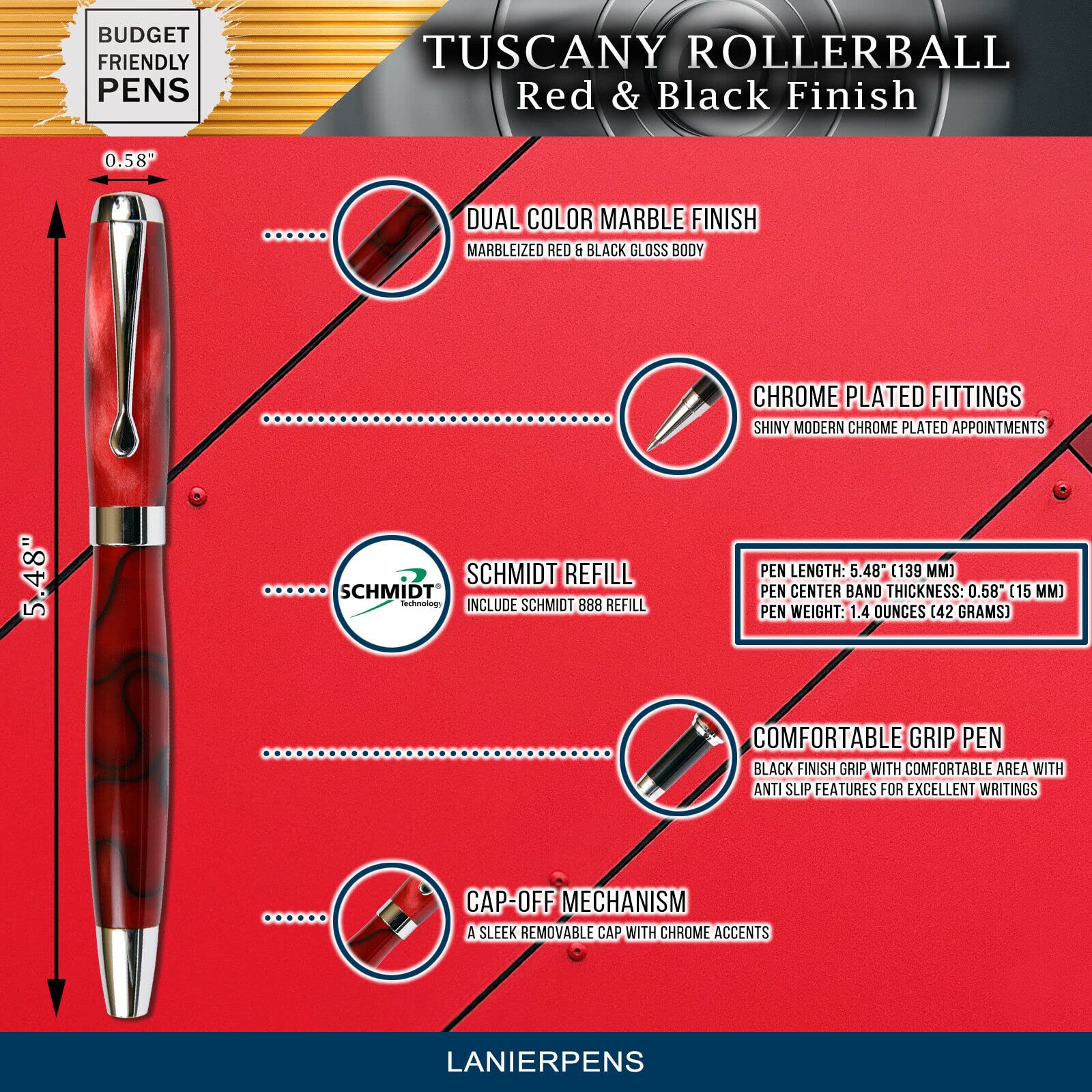 Premium Tuscany Rollerball Pen - Elegant Red & Black Marbleized Gloss Finish - Smooth Writing for Office, School & Gift Giving - Perfect for Business Professionals, Students & Special Occasions