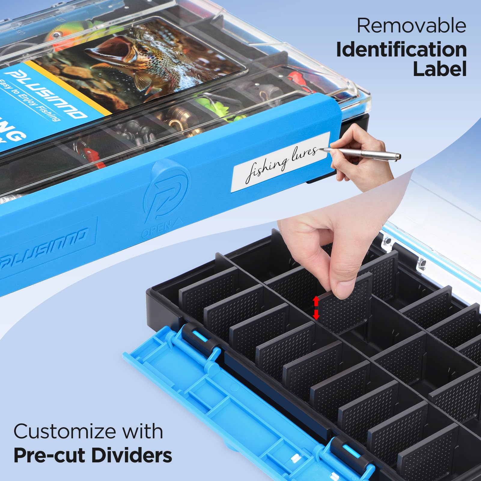 PLUSINNO Waterproof Fishing Tackle Box Organizer with Removable Dividers - 1 or 2 Pack Lure Storage Box for Terminal Tackle & Fishing Gear - Perfect for Freshwater, Saltwater & Boat Fishing Trips