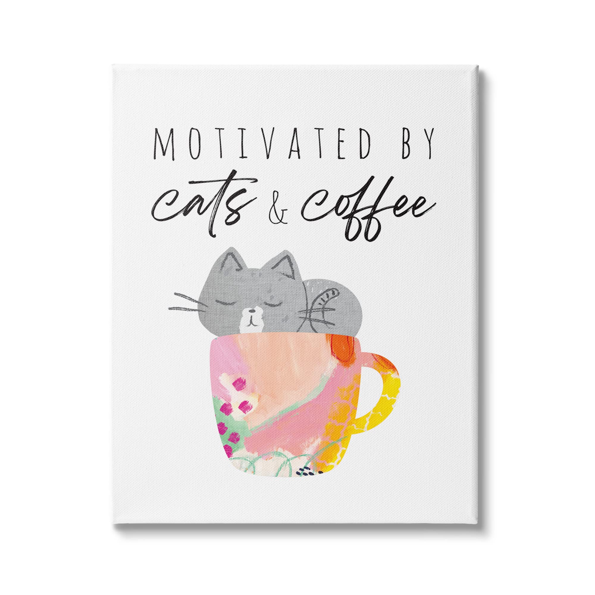 Stupell Industries 'Motivated by Cats and Coffee' Patterned Mug & Jennifer McCully Canvas Wall Art Set - 36x48 Inch White Home Decor for Cat Lovers, Coffee Enthusiasts | Perfect for Kitchen, Office & Gifts