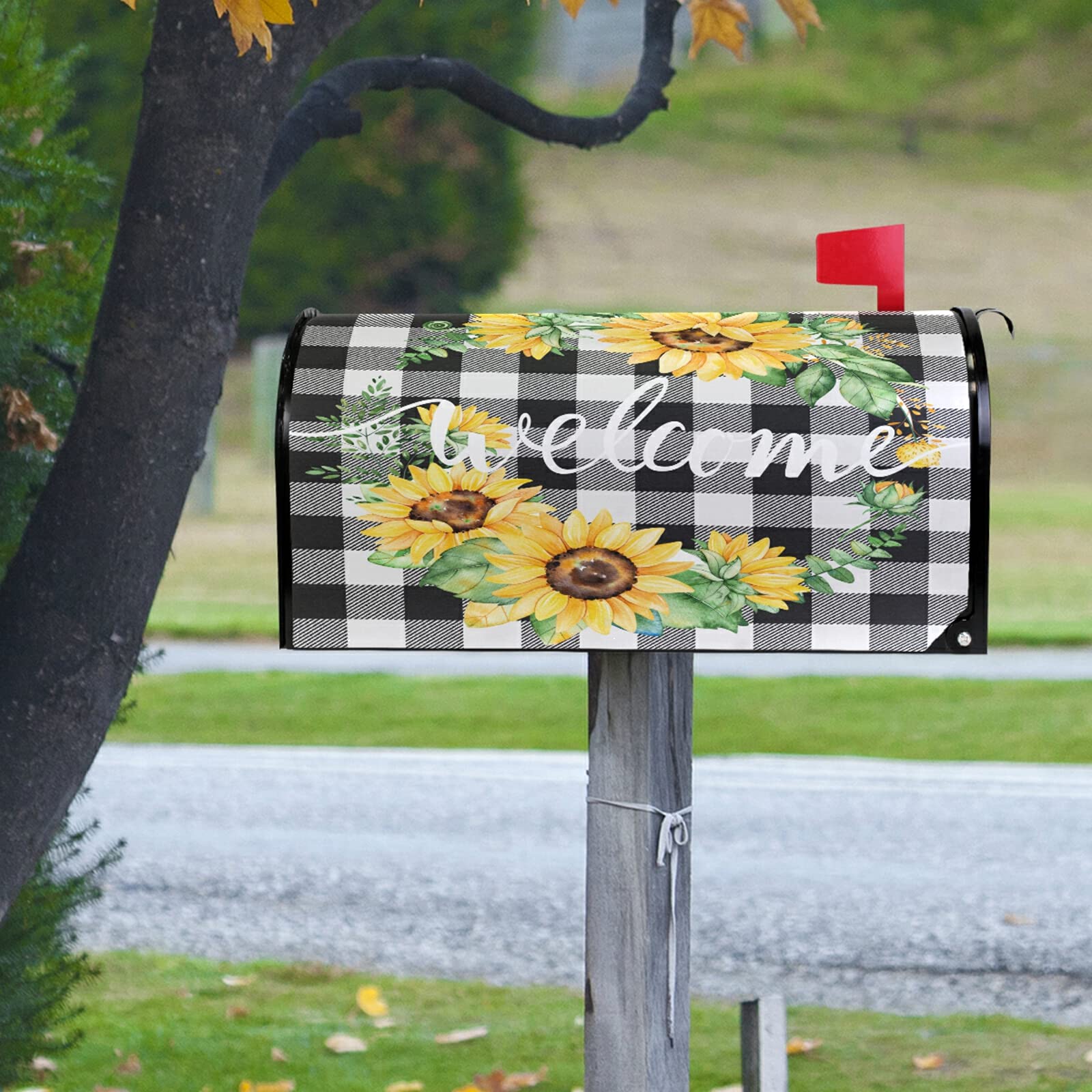 Sunflower Plaid Welcome Magnetic Mailbox Cover - Outdoor Post Box Decoration for Garden, Yard & Front Porch | Seasonal Home Decor & Holiday Mailbox Wrap