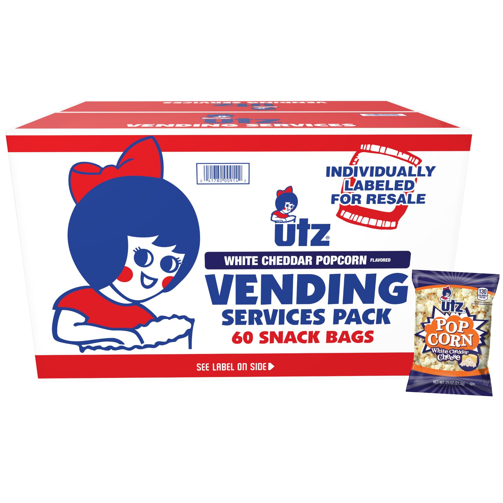 Utz White Cheddar Popcorn - 60 Count (0.75 oz Bags) | Baked with Real Cheese, Gluten Free, Cholesterol Free Snacks | Perfect for Office, School Lunch & Movie Nights