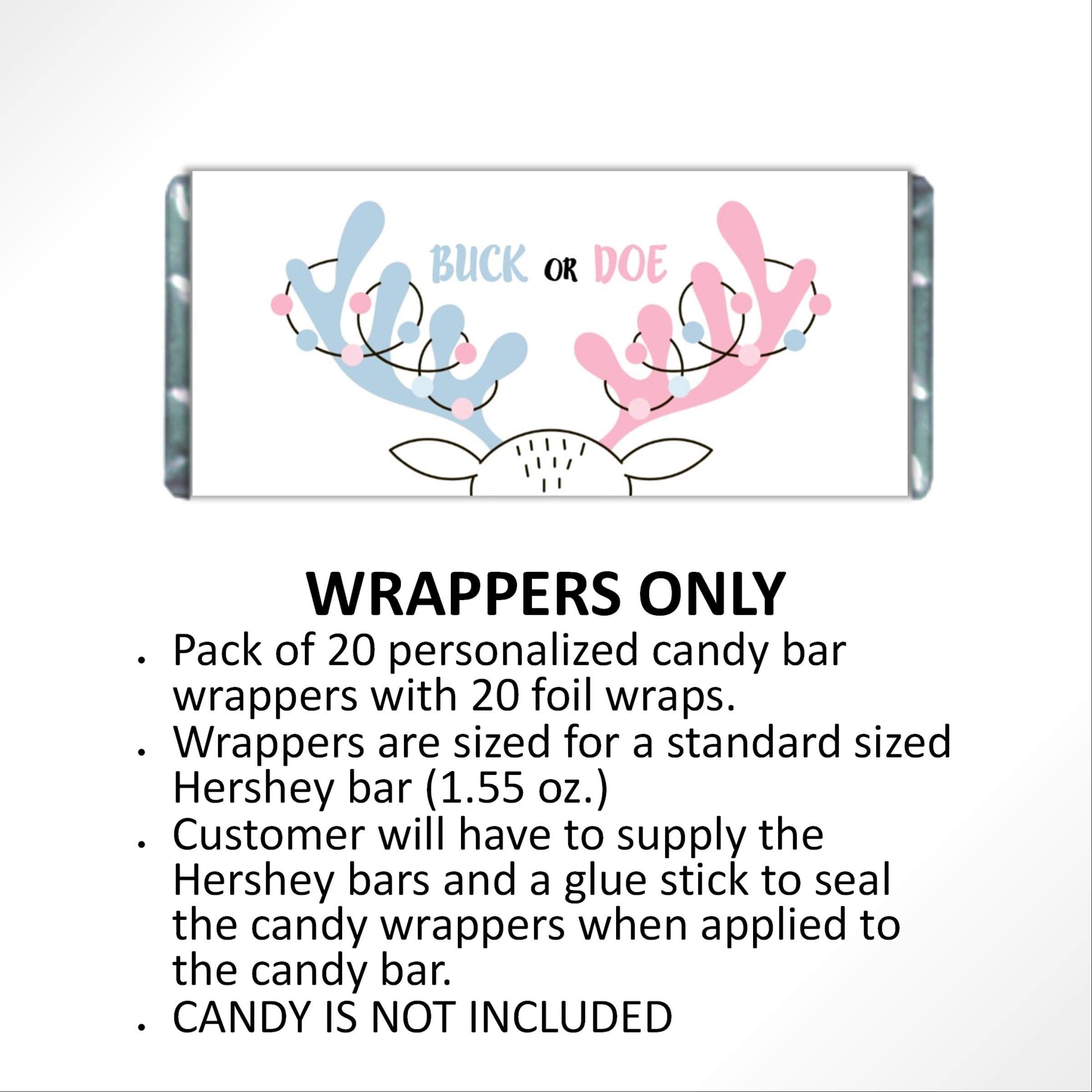 Custom Gender Reveal Candy Wrappers - Personalized Hershey Bar Labels for Baby Shower, Buck or Doe Party Favors (Pack of 20) - Perfect for Baby Gender Announcements & Gender Reveal Parties