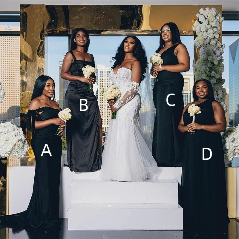 Elegant Black Satin Mermaid Bridesmaid Dresses - Maxi Length Mismatched Styles for Wedding Party & Formal Events