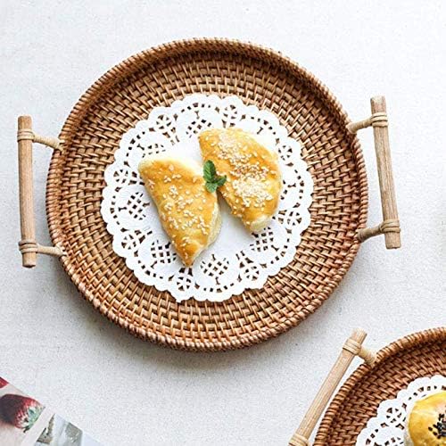 Hand-Woven Rattan Storage Basket with Handle - Round Wicker Tray for Bread, Fruits & Food Display - Perfect for Kitchen Countertop, Dining Table & Breakfast Serving