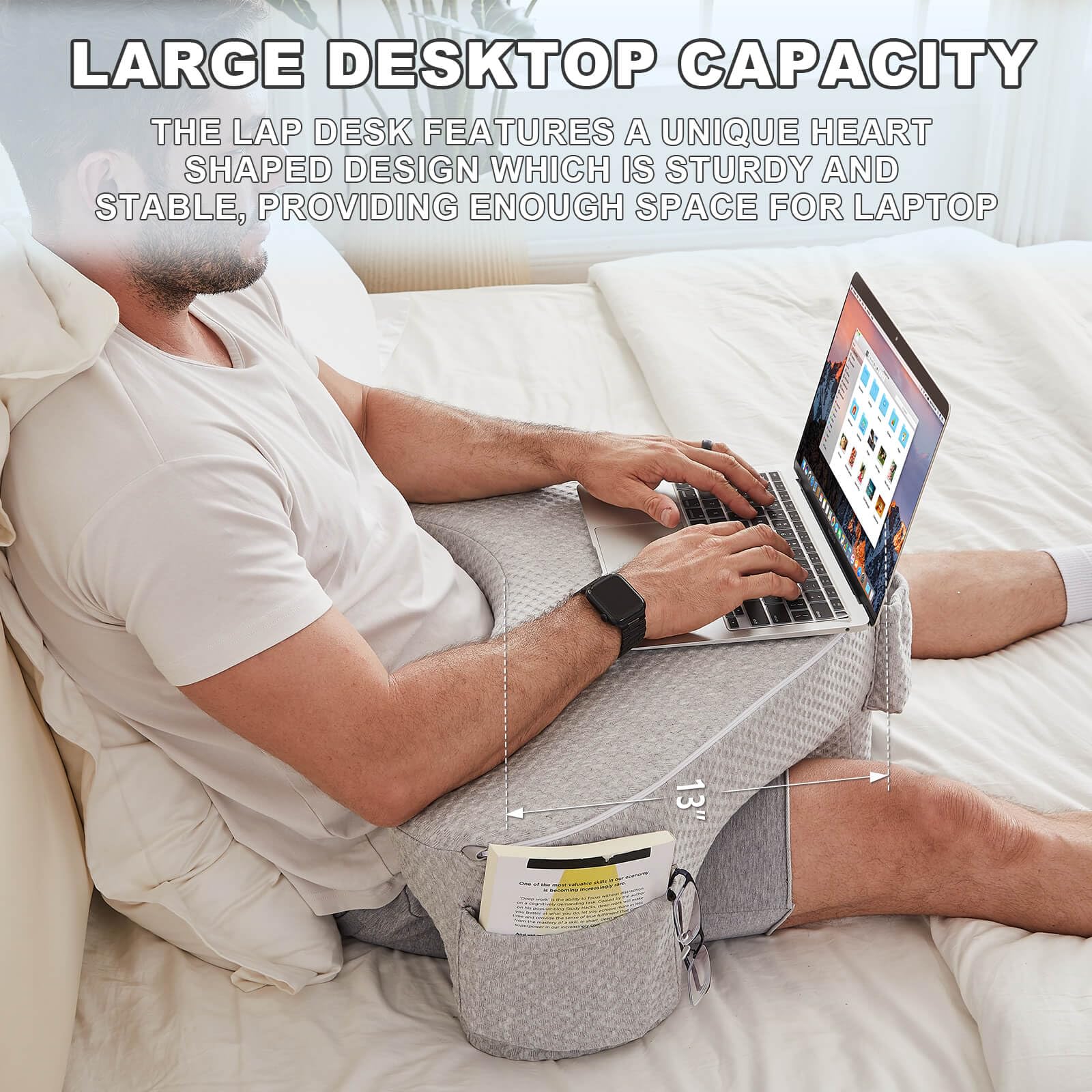 Memory Foam Reading Pillow for Lap & Bed Desk - Adjustable Laptop Lap Desk, Gaming Pillow, Bed Pillow for Sitting Up (Gray) - Ideal for Reading, Working, Gaming in Bed, Sofa, or Floor