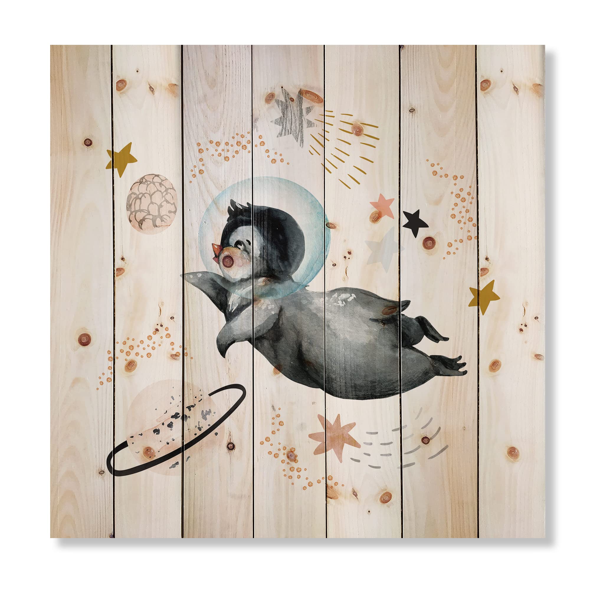 DesignQ Little Penguin Flying Stars & Planets II Farmhouse Wood Wall Decor - Grey Wood Wall Art, Large Animal Wood Panels Printed on Natural Pine - Perfect for Nursery, Kids Room & Living Room Decor