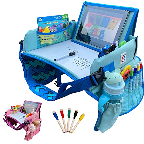Madson Kids Travel Tray - Portable Toddler Car Seat Organizer with Dry Erase Board, Cup Holder & Tablet Stand - Road Trip Essential for Snacks, Coloring & iPad Play - Perfect for Cars, Airplanes & Homeschooling Activities
