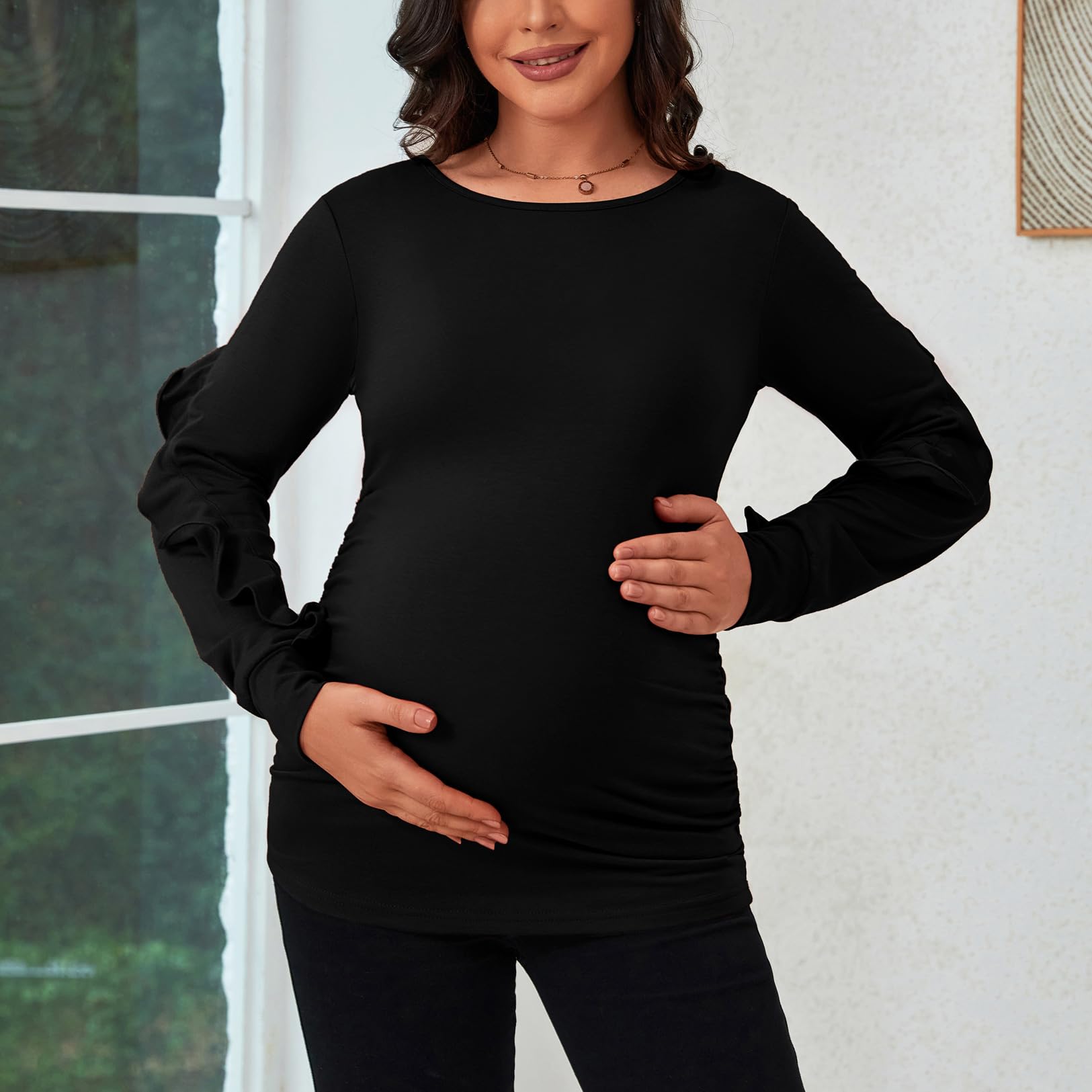**GINKANA Maternity Tops - Ruffle Long Sleeve Pregnancy Shirts for Women, Cute & Comfortable Maternity Blouses for Baby Shower, Casual Wear & Everyday Outfits**