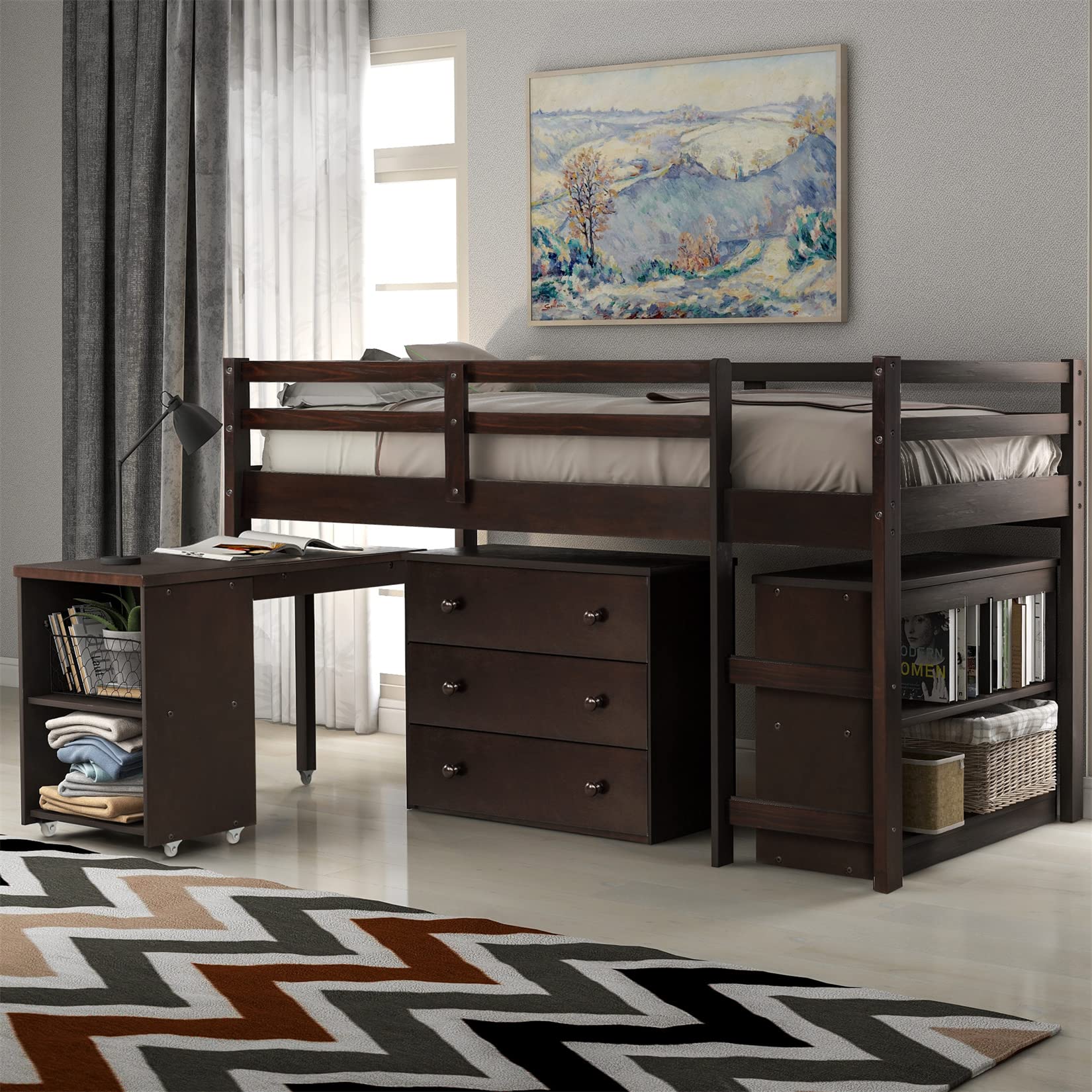 Low Loft Bed Frame with Storage Cabinet & Rolling Desk for Kids & Teens - Twin Size, Espresso Wood - Perfect for Small Bedrooms, Dorm Rooms & Space-Saving Kids' Rooms