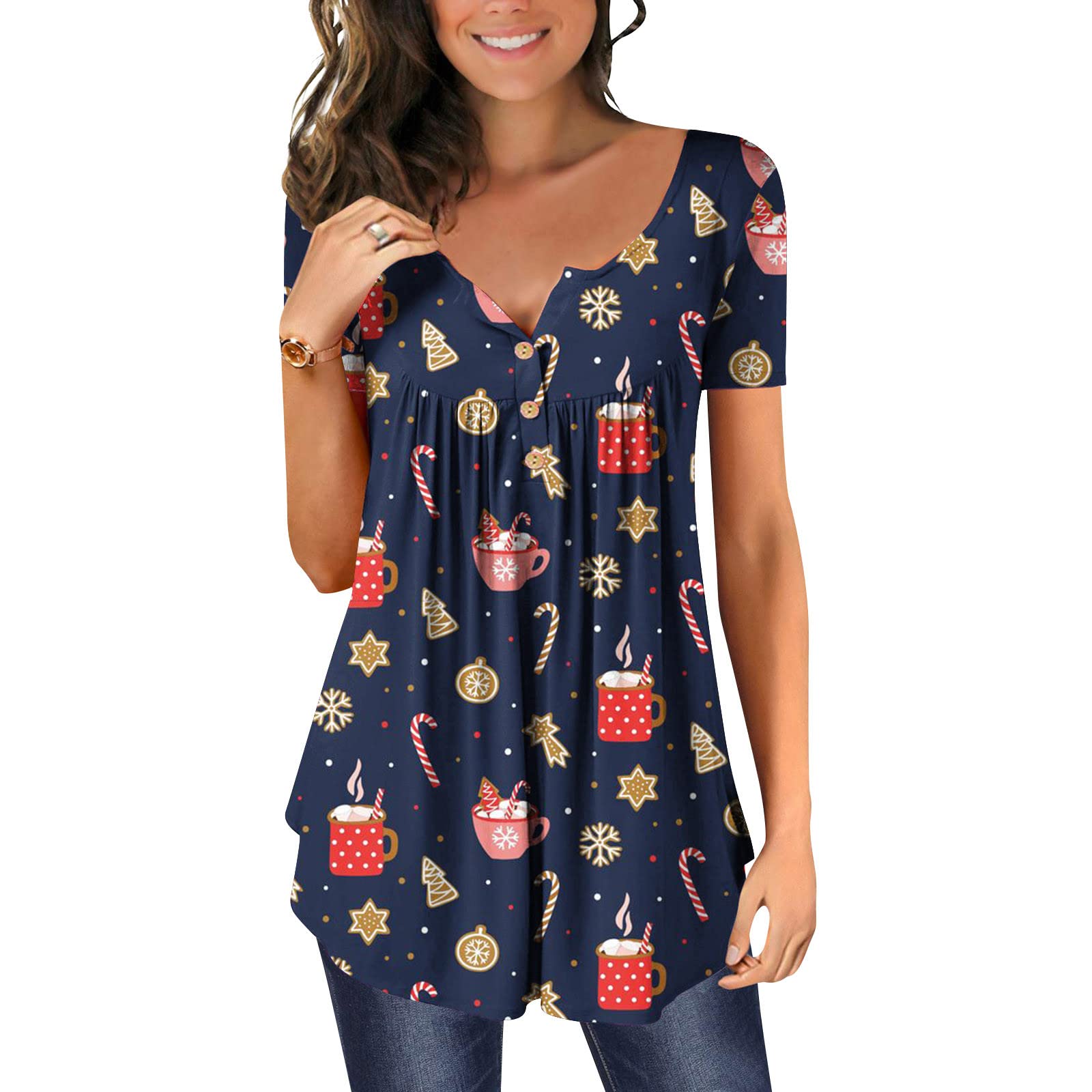 AMhomely Women's V-Neck Floral Printed Tunic Blouse - Short Sleeve Button-Up T-Shirt & Christmas Graphic Sweatshirt with Reindeer Santa Design - Perfect for Holiday Parties, Office Wear & Casual Outfits (UK Size)