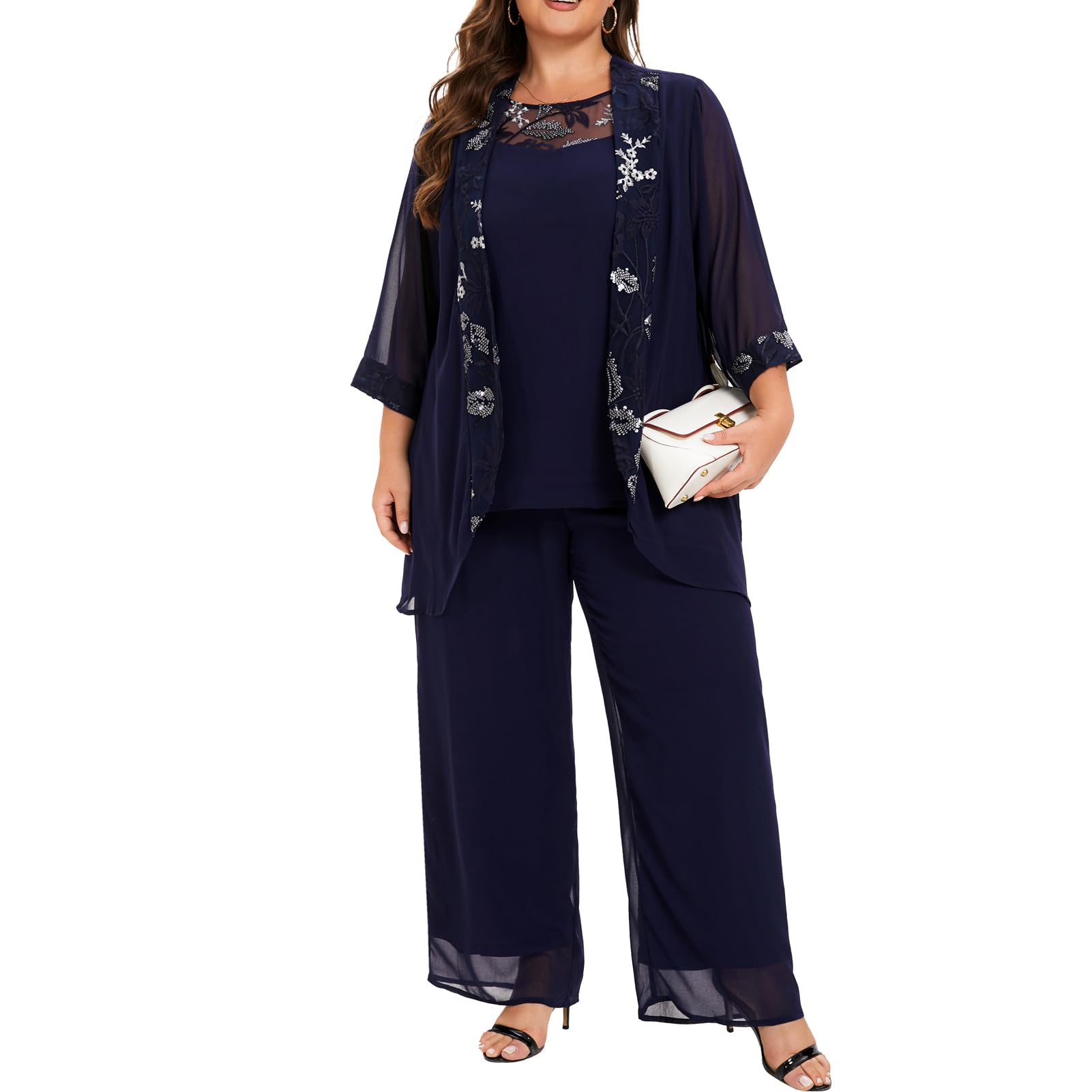 Elegant Plus Size Wedding Pant Suits for Women - 3 Piece Chiffon Mother of The Bride/Groom Outfit - Formal Evening Gowns for Wedding Parties, Receptions & Special Occasions