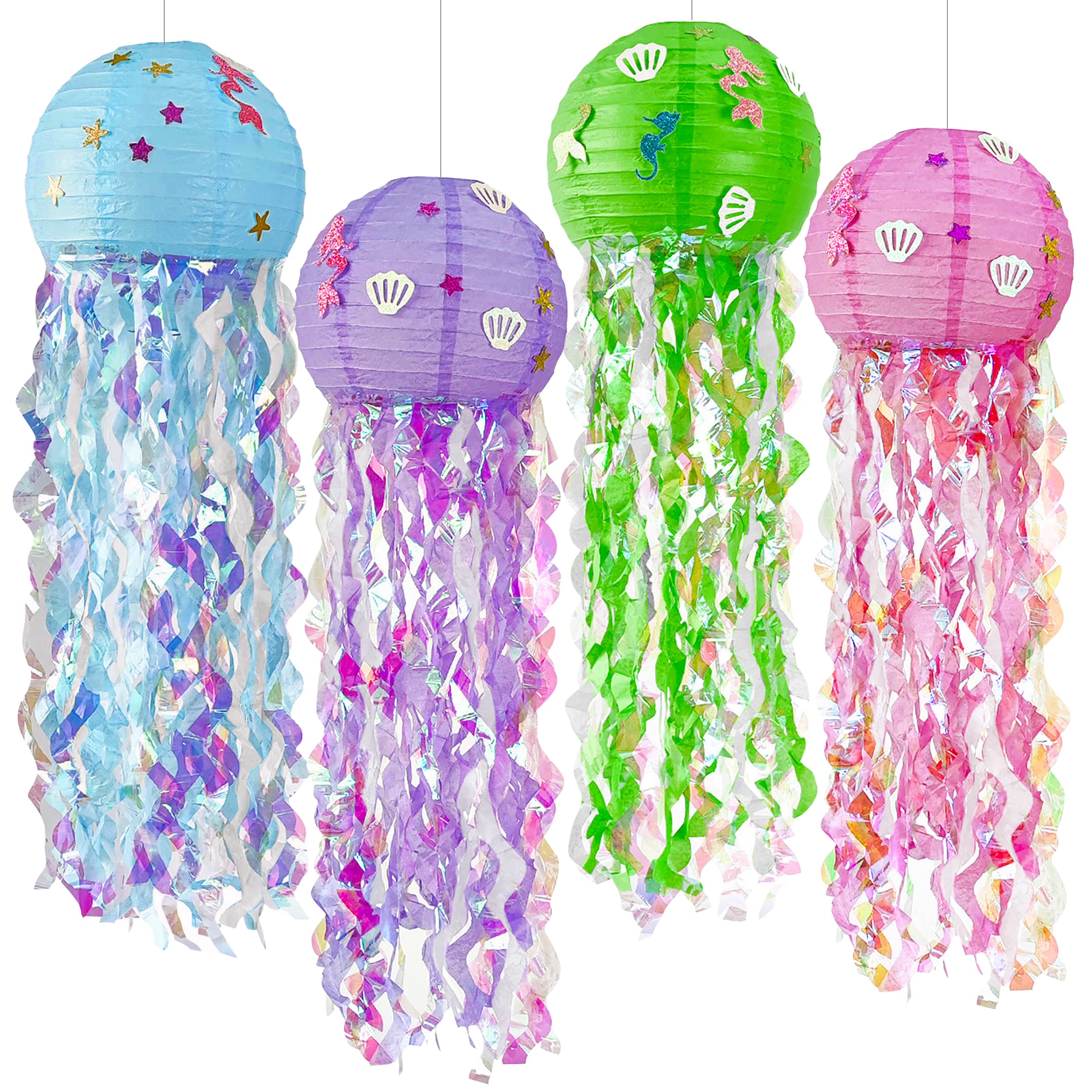 WOONKIT 4PC Jellyfish Paper Lanterns - Mermaid Birthday Party Decorations, Under the Sea Theme, Ariel Ocean Decor for Girls Room - Perfect for Mermaid Themed Parties, Baby Showers & Ocean Birthday Celebrations