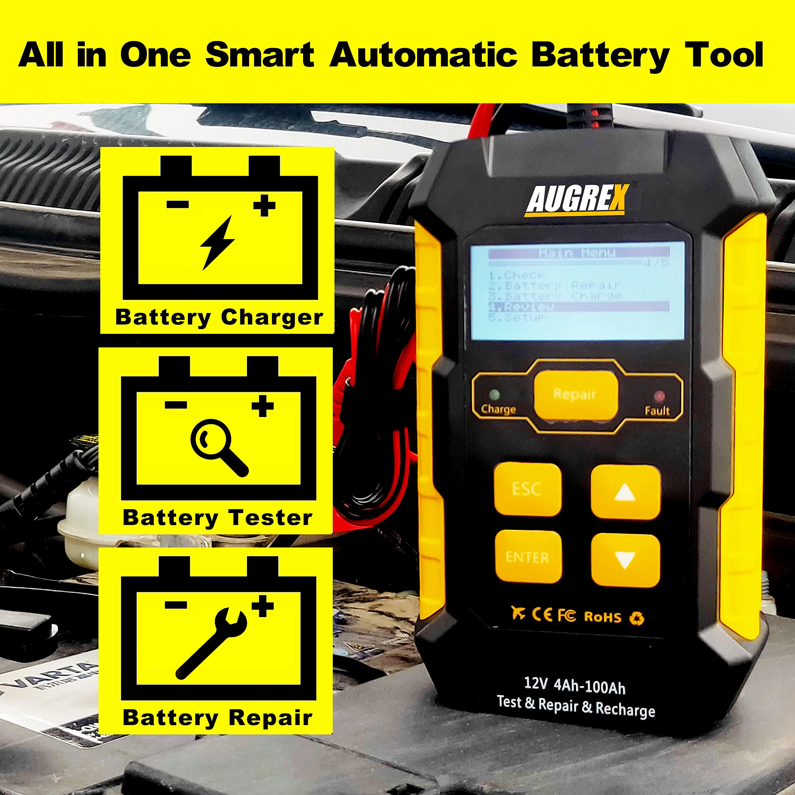 12V Car Battery Tester & Smart Charger - 4Ah-100Ah Auto Repair for Cars, Boats, RVs