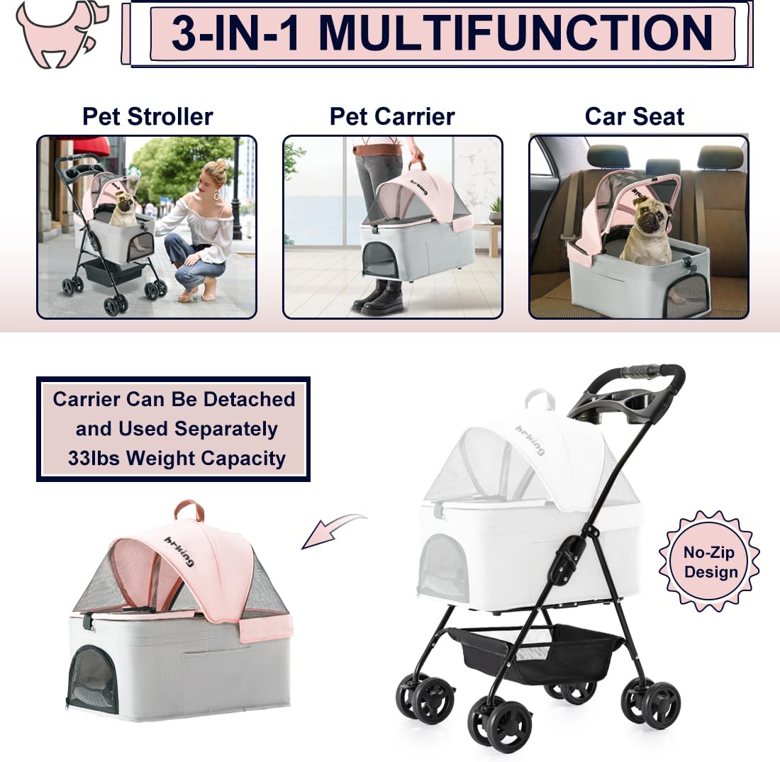 3-in-1 Folding Lightweight Pet Stroller for Small Dogs & Cats - Portable Jogging Stroller with Detachable Carrier, Cup Holder & Storage Basket - Ideal for Walking, Shopping & Outdoor Adventures (4 Wheels)