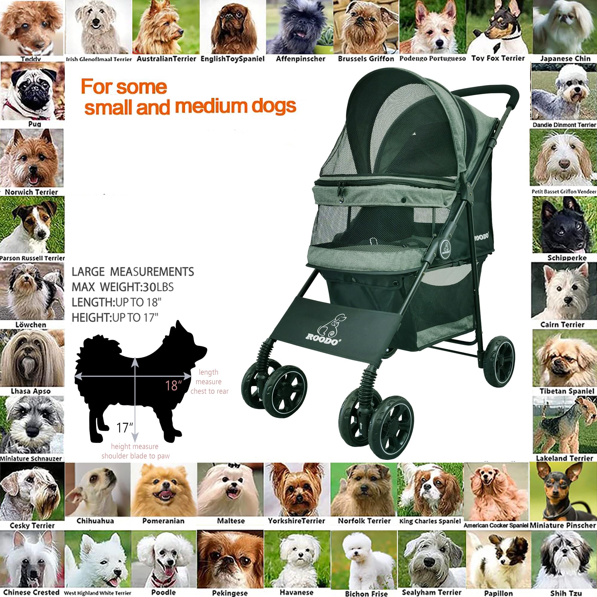 ROODO 4-Wheel All-Terrain Pet Stroller - Lightweight, Foldable & Portable for Dogs & Cats up to 30lbs - Perfect for Jogging, Travel & Outdoor Adventures (Cationic Ash) - Ideal for Medium/Small Dogs, Cats, Puppies & Bunnies