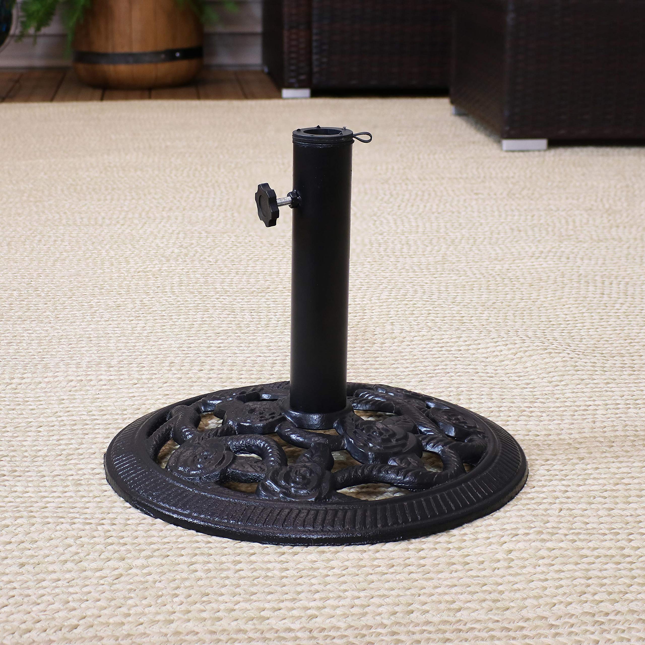 Heavy Duty Cast Iron Patio Umbrella Base Stand with Decorative Rose Blossom Design - 16-Inch Diameter Black Outdoor Umbrella Weight - Perfect for Garden, Poolside & Backyard Relaxation