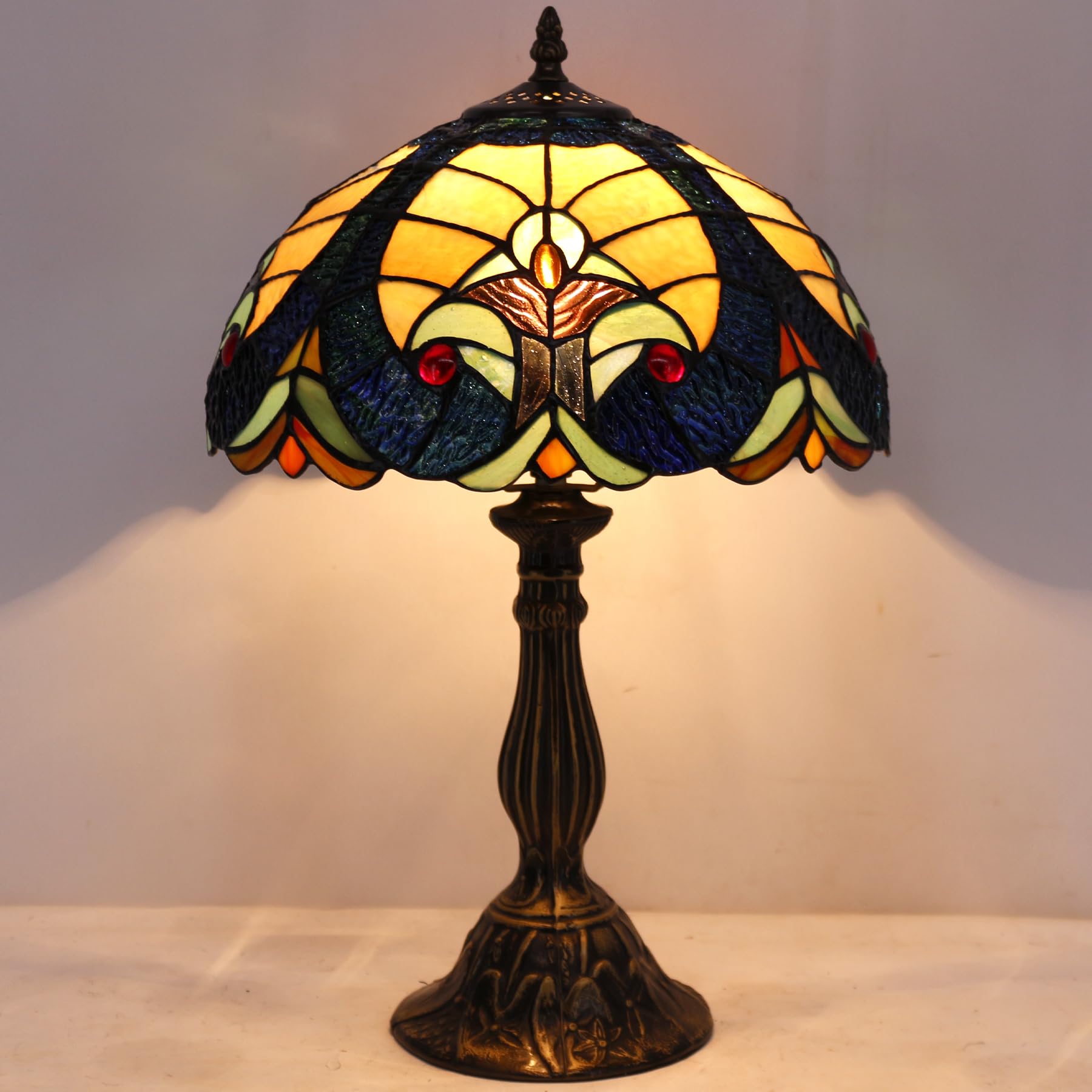 Tiffany Style Stained Glass Table Lamp - Blue & Yellow Liaison Reading Light, 12x12x18 Inches, Bedside Desk Lamp for Bedroom, Living Room, Home Office Decor (S160E Series) | Perfect for Cozy Reading Nooks, Romantic Bedroom Ambiance, and Elegant Living Room Accent Lighting