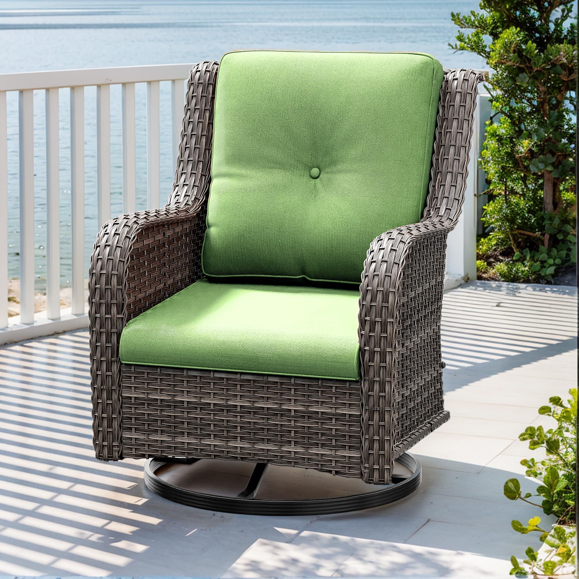 Outdoor Swivel Rocker Patio Chair - Weather-Resistant Wicker Patio Chair with Olefin Fabric Cushions, 360-Degree Rotation, Perfect for Backyard, Deck, Porch, Garden & Poolside Relaxation - Green