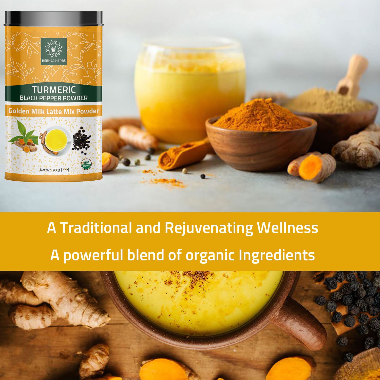 Organic Turmeric Curcumin Powder with Black Pepper for Golden Milk & Lattes - Premium Turmeric Latte Mix, Anti-Inflammatory Drink Powder - Perfect for Wellness, Detox & Immune Support