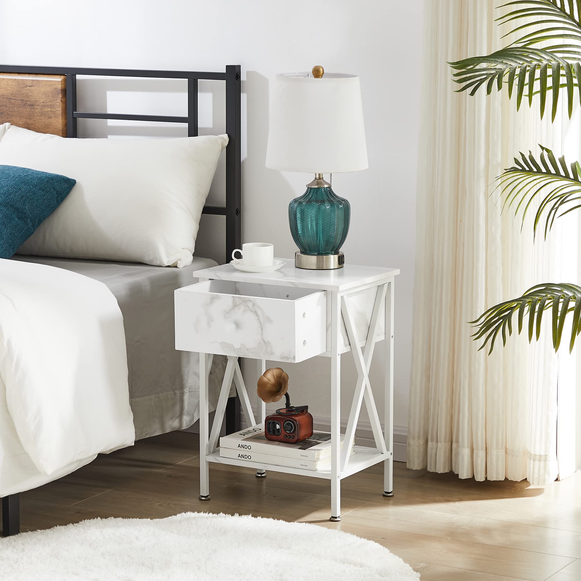 Modern Nightstand Set of 2 with Storage Drawer - Industrial Metal Frame Side Table for Bedroom & Living Room - White End Tables for Small Spaces, Apartment Decor & Guest Room Essentials