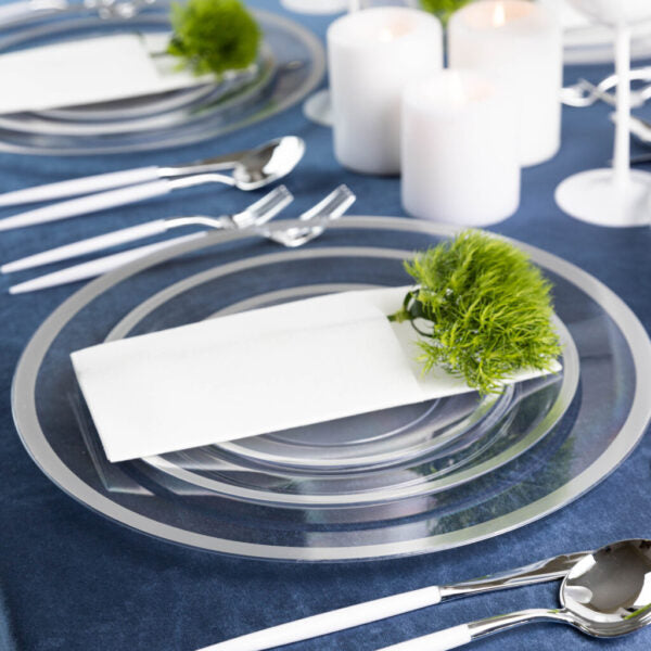 24-Pack Clear & Silver Rim Plastic Dinnerware Set for 8 Guests - Elegant Disposable Plates, Bowls, Cups & Cutlery - Perfect for Parties, Weddings, Picnics & Outdoor Events
