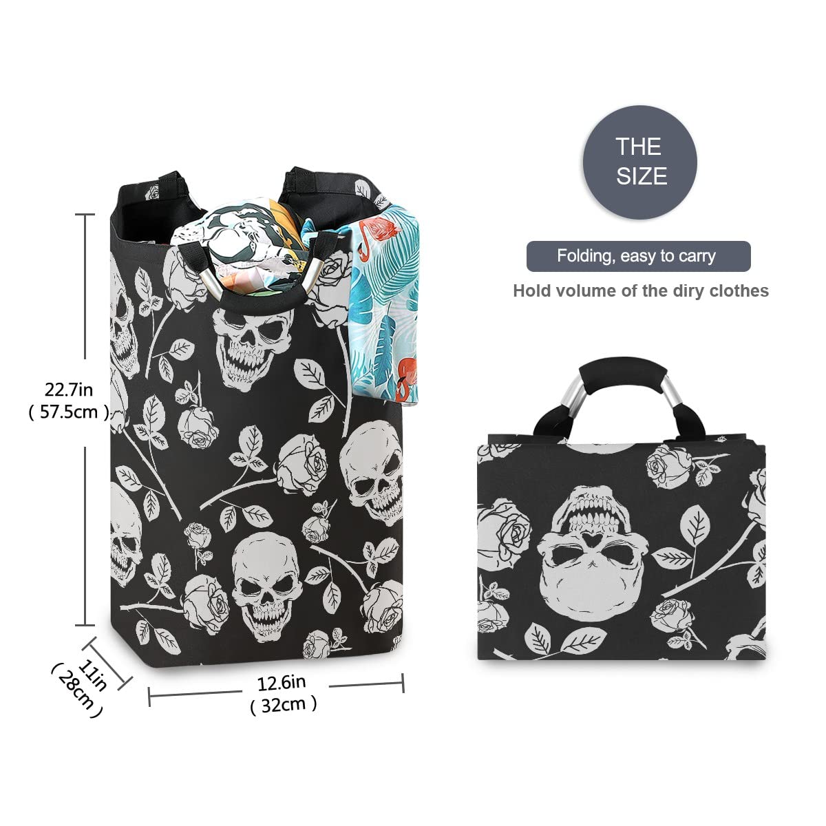 MNSRUU Foldable Laundry Bag with Handles - Skull & Rose Print Collapsible Laundry Hamper Basket for Bedroom, Bathroom Storage & Organization - Perfect for College Dorm, Travel & Home Decor