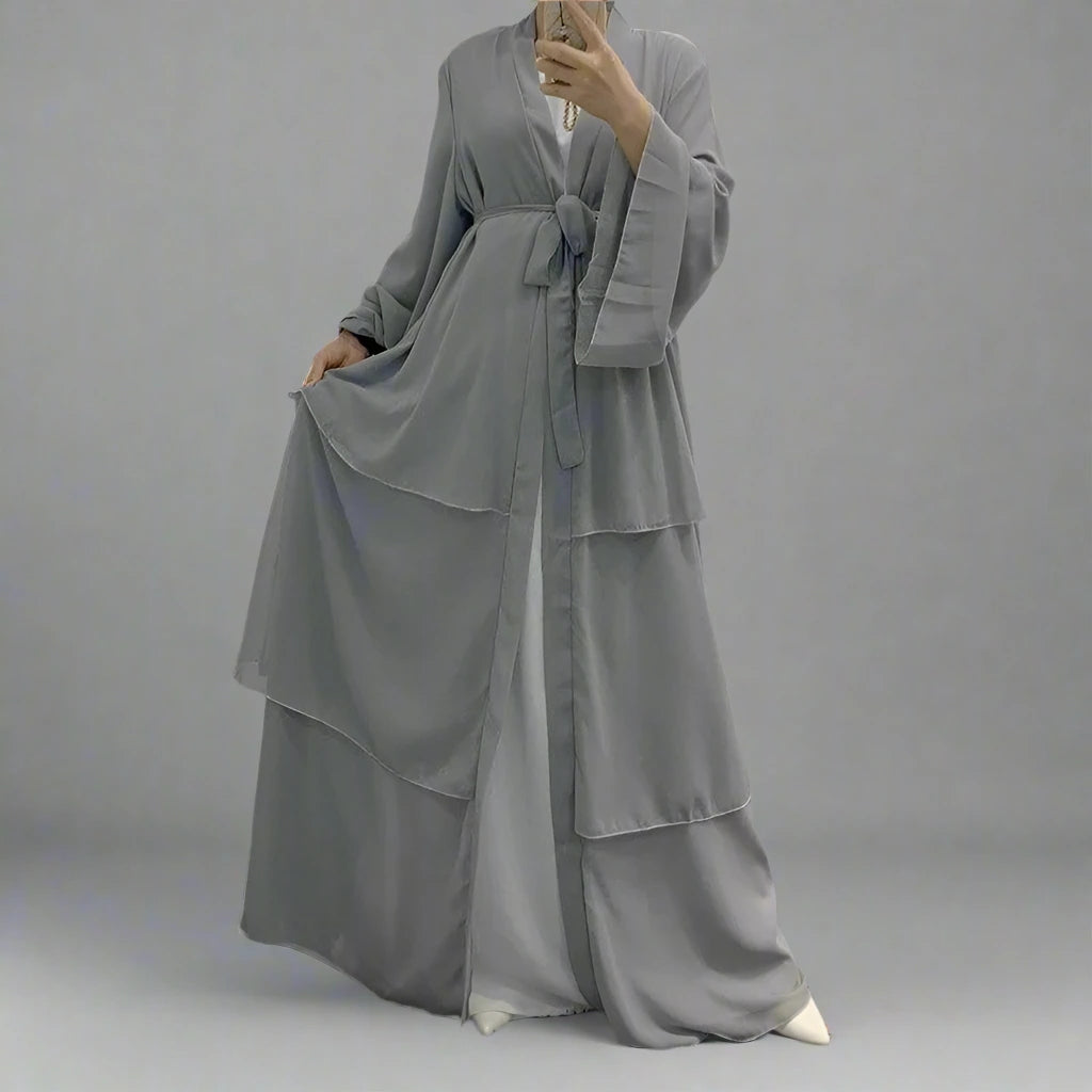 Elegant 3-Layer Chiffon Open Abaya Dress with Matching Hijab for Muslim Women - Perfect for Prayer, Modest Fashion & Special Occasions