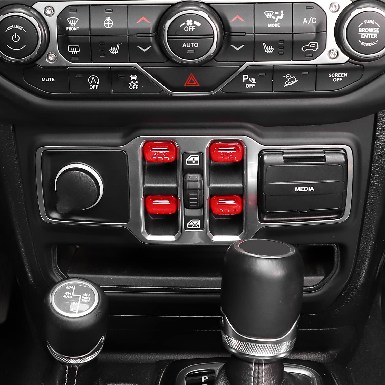 Jeep Wrangler JL/JLU (2018-2024) & Gladiator JT (2020-2024) 4-Piece Red Center Console Window Button Switch Cover Trim Kit - Interior Accessories for Enhanced Style & Protection - Perfect for Off-Roading & Daily Driving