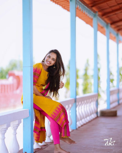 Yellow & Pink Pure Kanchi Weaving Cotton Salwar Suit - Traditional Indian Ethnic Wear for Women | Perfect for Festivals, Weddings & Special Occasions
