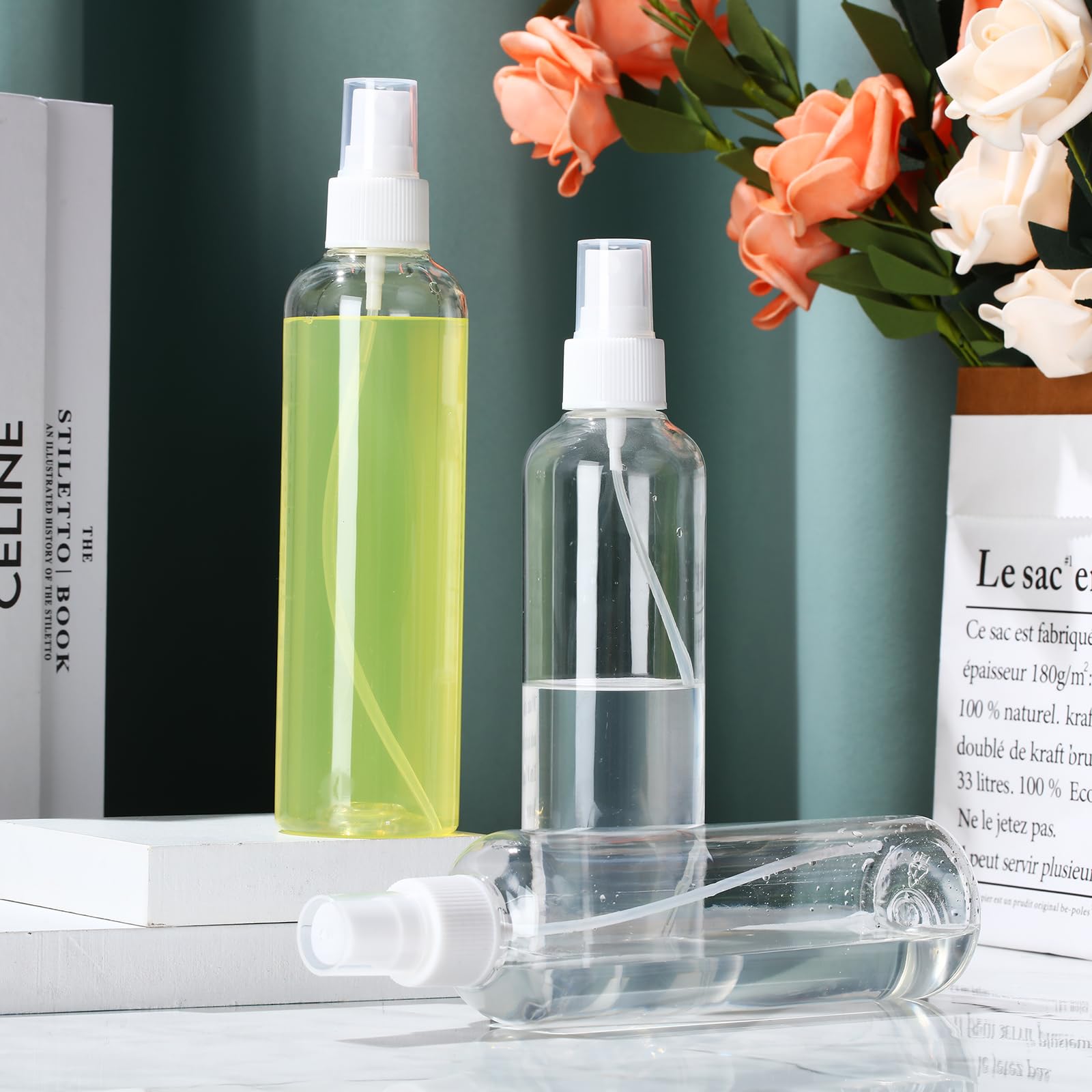 Tanlade 100 Pack 8 oz Clear Empty Spray Bottles with Fine Mist Pump - Refillable Plastic Misting Bottles for Hair Care, Essential Oils, Beauty Products, Cleaning Solutions & Travel - Perfect for Salons, Home Use & DIY Projects (White)