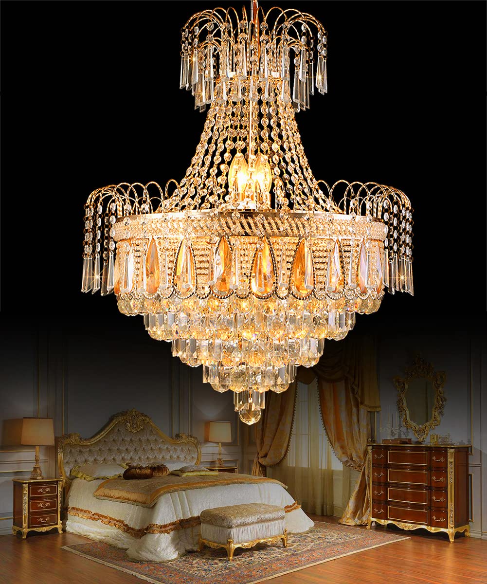 8-Lights Modern Crystal Chandelier - K9 Raindrop Luxury Ceiling Light Fixture in Vintage Gold - Elegant Pendant Lighting for Living Room, Dining Room, Bedroom & Hallway - Perfect for Home Decor, Wedding Venues & Luxury Hotels