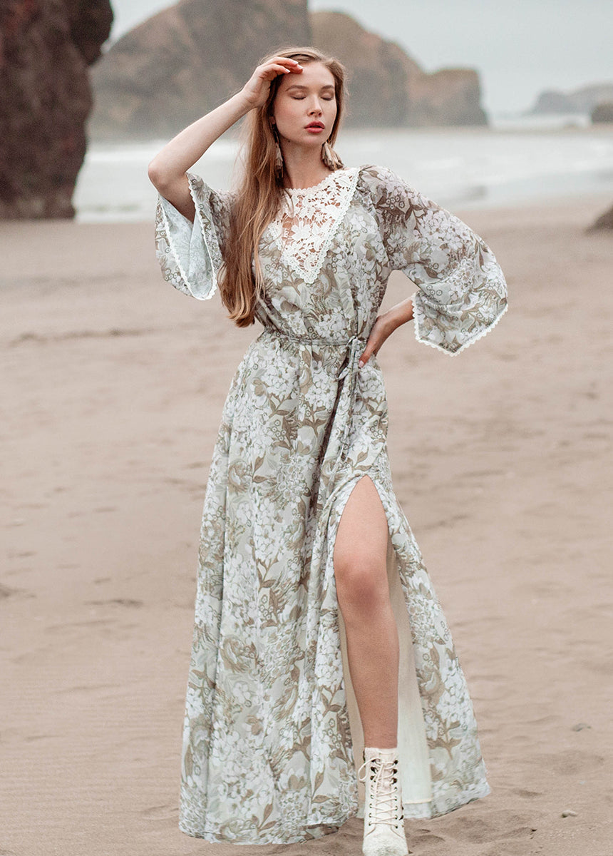 Elegant Sunni Dress in Neutral Hydrangea - Flowy Summer Maxi Dress for Women | Perfect for Beach Vacations, Weddings & Boho Chic Outfits