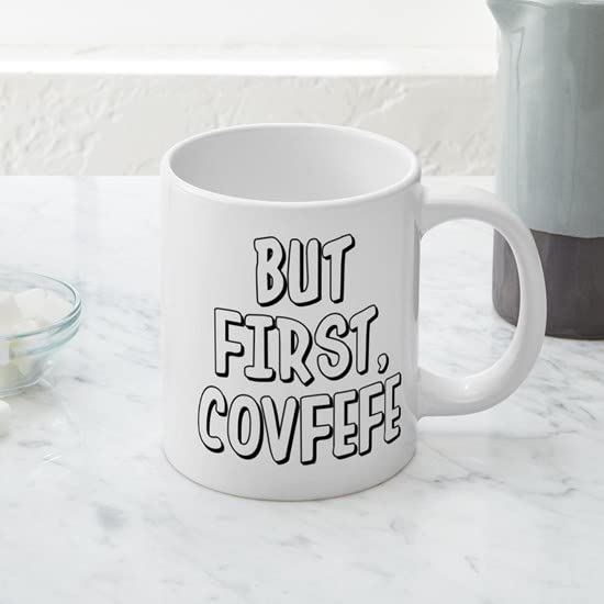 CafePress But First Covfefe 20 oz Ceramic Coffee Mega Mug - Large Insulated Travel Mug for Hot & Cold Drinks - Perfect for Home, Office, or Commuting