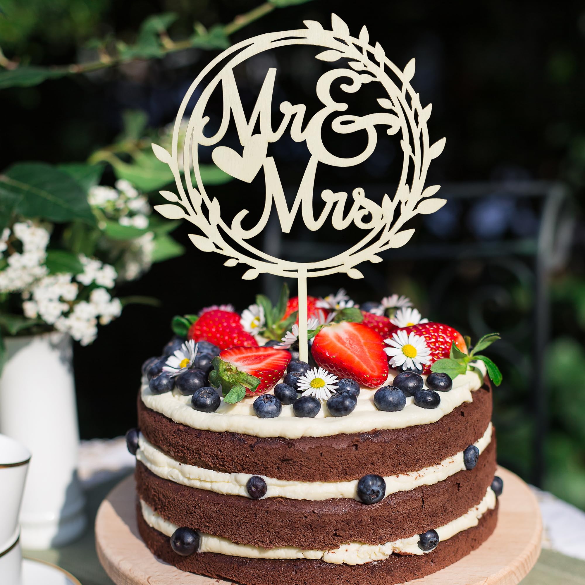 Mr & Mrs Wooden Leaves Wreath Cake Topper - Wedding Engagement Cake Decor for Bridal Shower, Birthday Party | Rustic Elegant Cake Decoration for Anniversary, Baby Shower & Special Celebrations