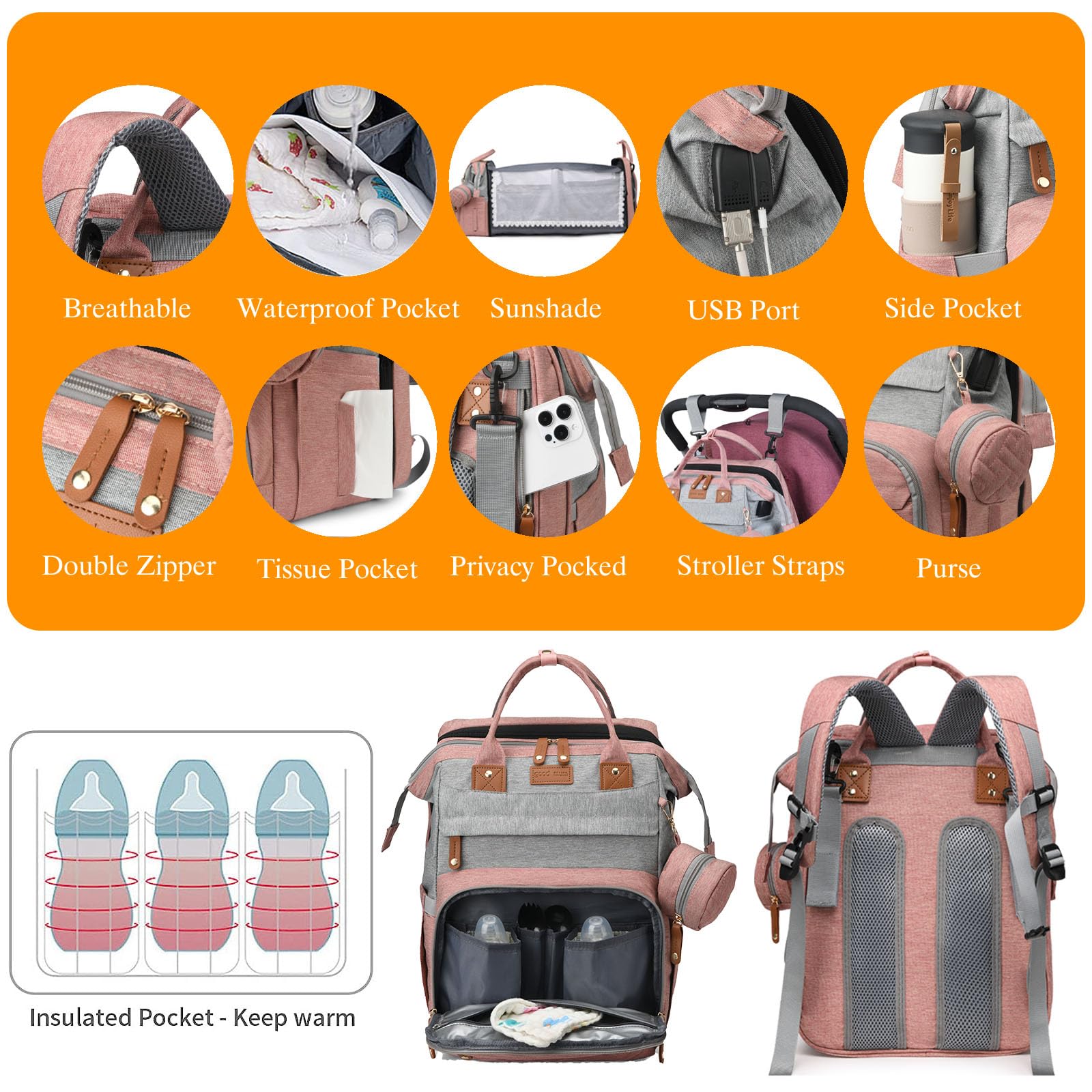 Waterproof Diaper Backpack with Changing Station & USB Charging Port - Large Capacity Baby Bag for Moms & Dads (Grey/Pink) | Perfect Baby Shower Gift & Travel Essential for On-the-Go Parents