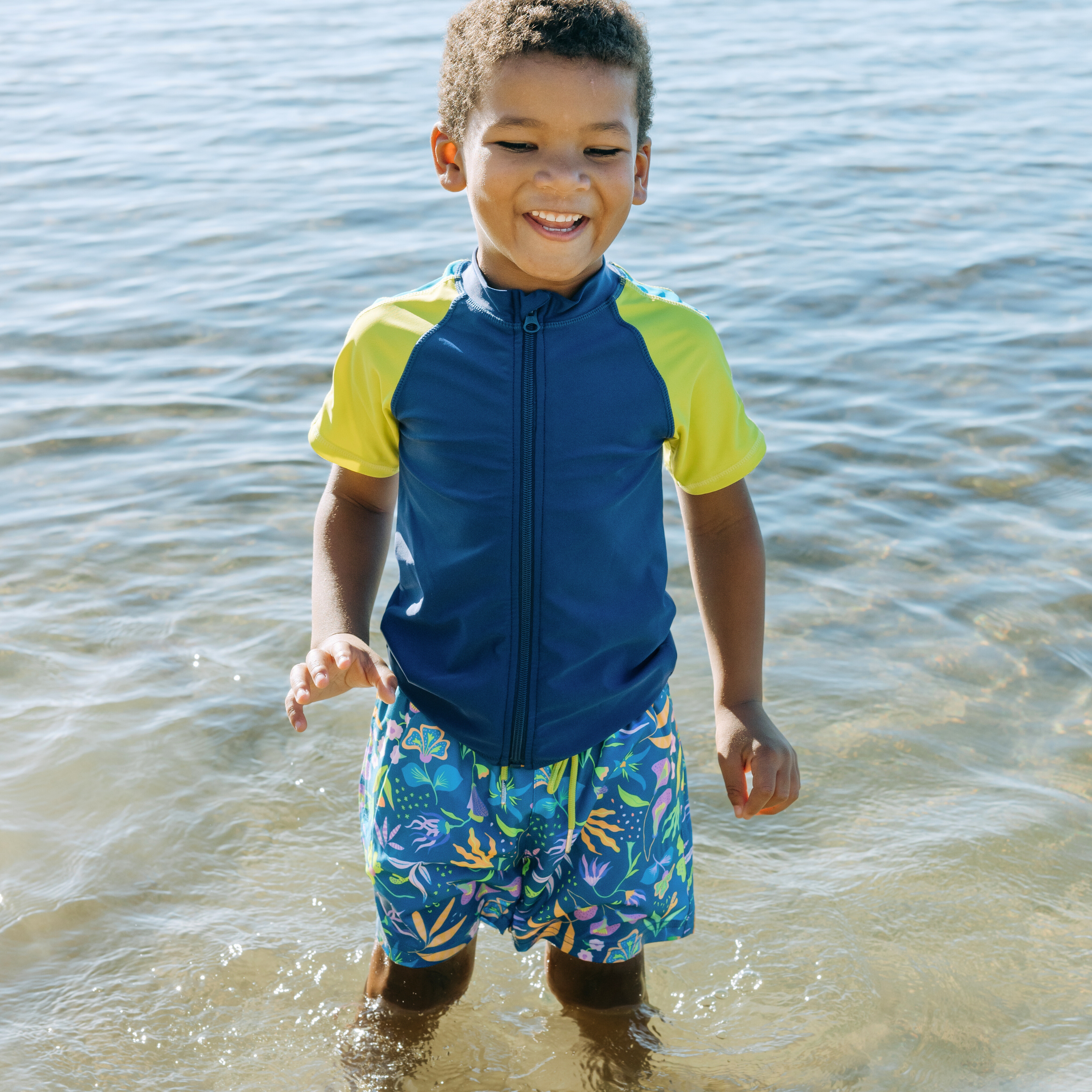 Boys Short Sleeve Zipper Rash Guard and Swim Trunk Set - UPF 50+ Sun Protection, Quick Dry Swimwear for Kids | Beach, Pool & Summer Water Activities | Tropadelic