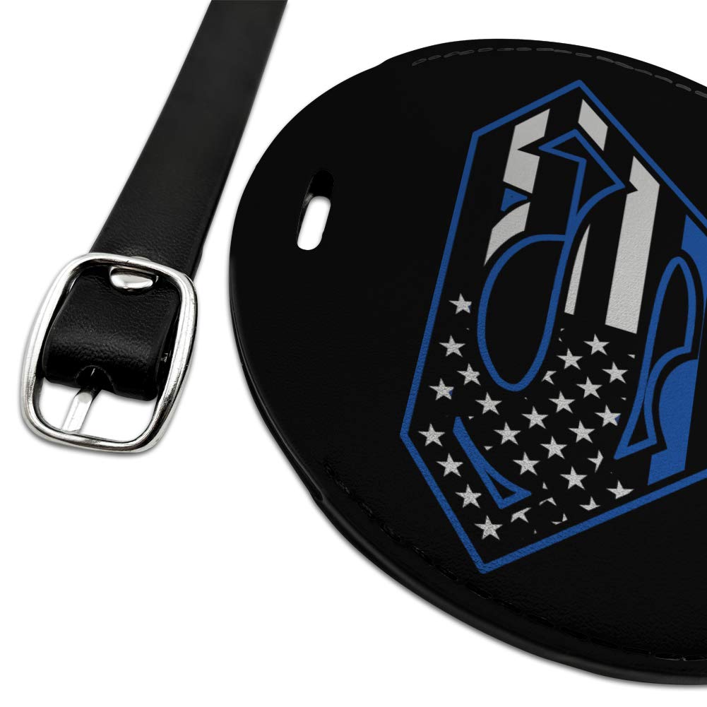Superman Thin Blue Line Shield Logo Round Leather Luggage Tag - Durable ID Card Holder for Travel Bags, Suitcases & Backpacks - Perfect for Police Officers, First Responders & Patriotic Travelers