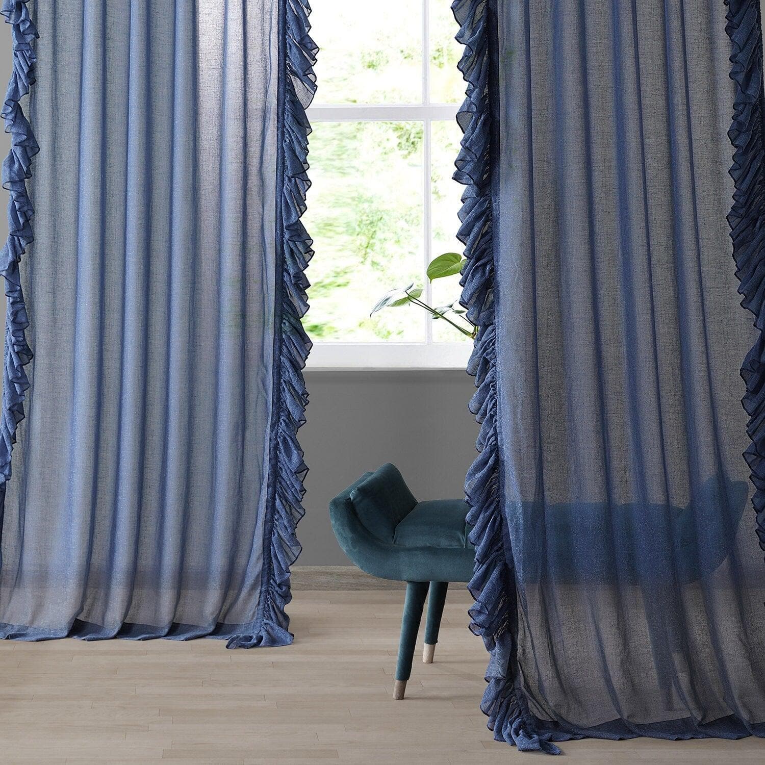 Blue Lapis Ruffled Faux Linen Sheer Curtains for Living Room & Bedroom - Light Filtering Window Drapes with Elegant Ruffle Design