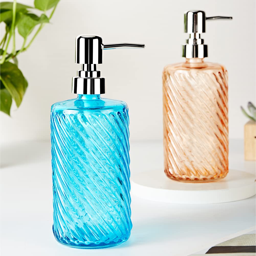 Hexuu 16 Oz Glass Soap Dispenser with Silver Pump - Diamond Design Hand Soap & Lotion Dispenser for Bathroom & Kitchen - Elegant Blue Glass Container for Liquid Soap, Dish Soap or Hand Sanitizer - Perfect for Home, Office or Restaurant Decor