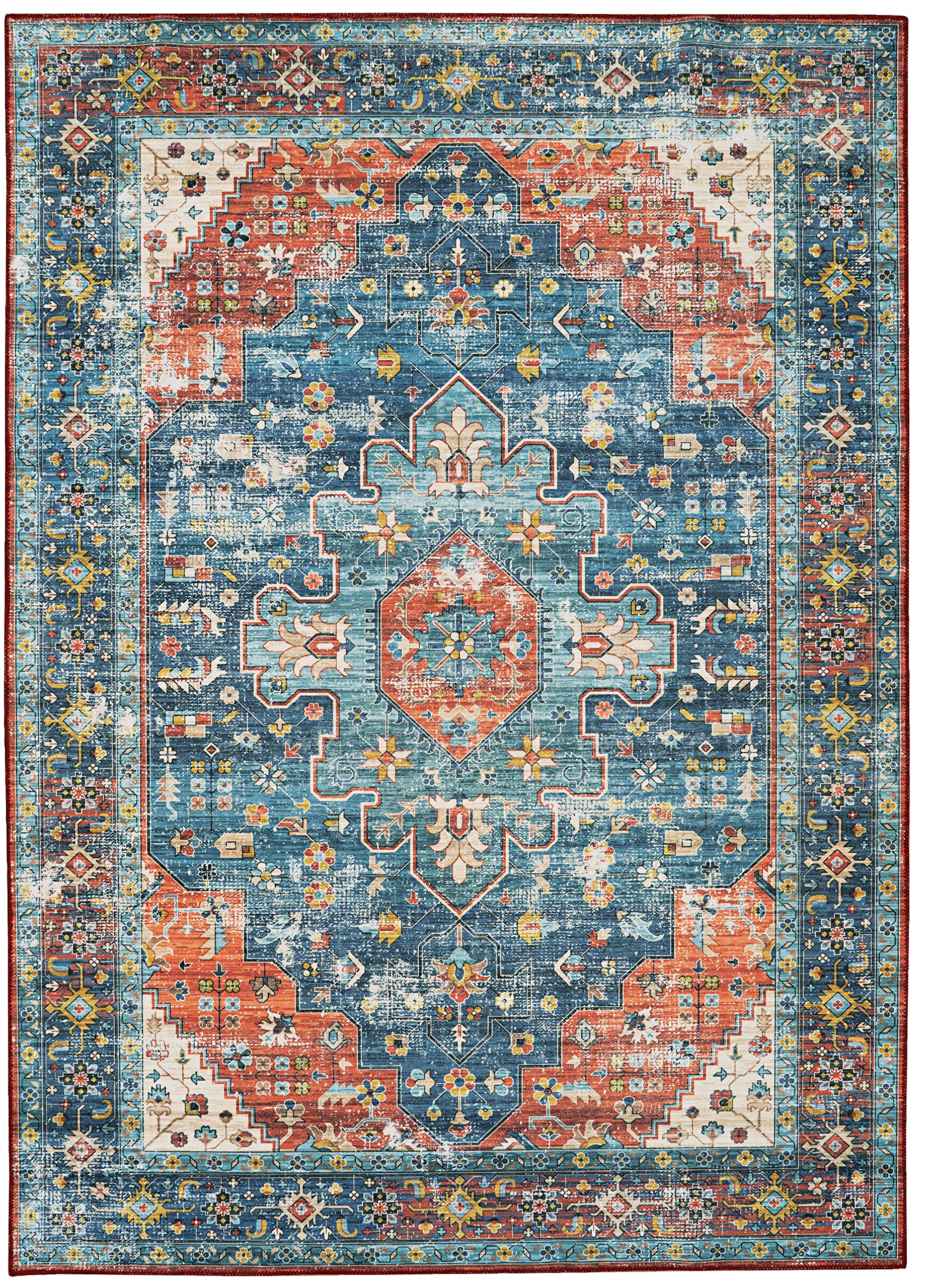 Linon Home Decor Washable Rug 5' x 7' Area Rug - Beasley Teal & Rust Pattern, Non-Slip Soft Indoor/Outdoor Carpet for Living Room, Bedroom, Patio