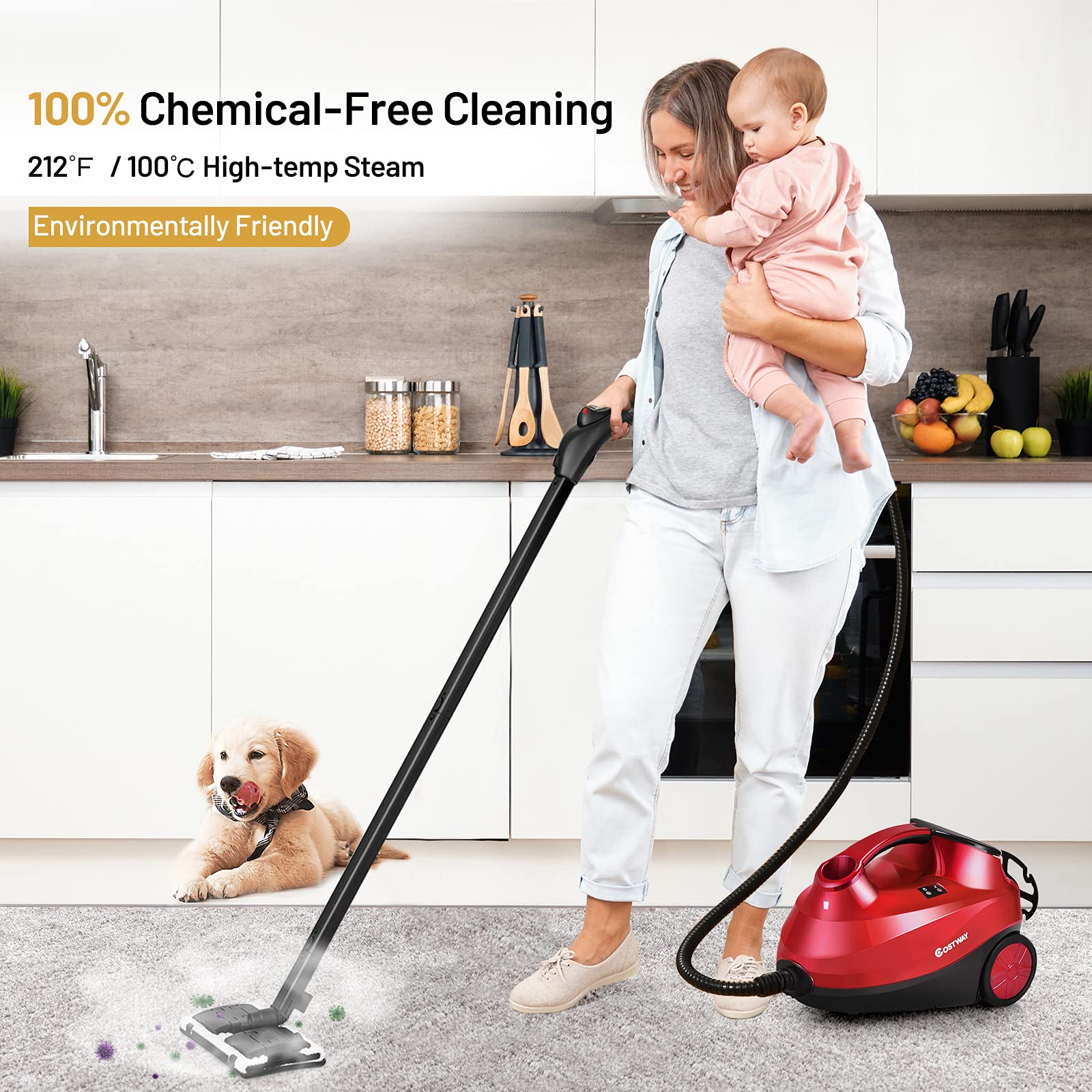 LDAILY 2000W Multi-Purpose Steam Cleaner with 19 Accessories - 1.5L Large Water Tank, Extra-Long Power Cord, Chemical-Free Pressurized Cleaning for Floors, Cars, Home & Commercial Use - Perfect for Deep Cleaning Kitchens, Bathrooms, Garages & Outdoor Equipment (Red)