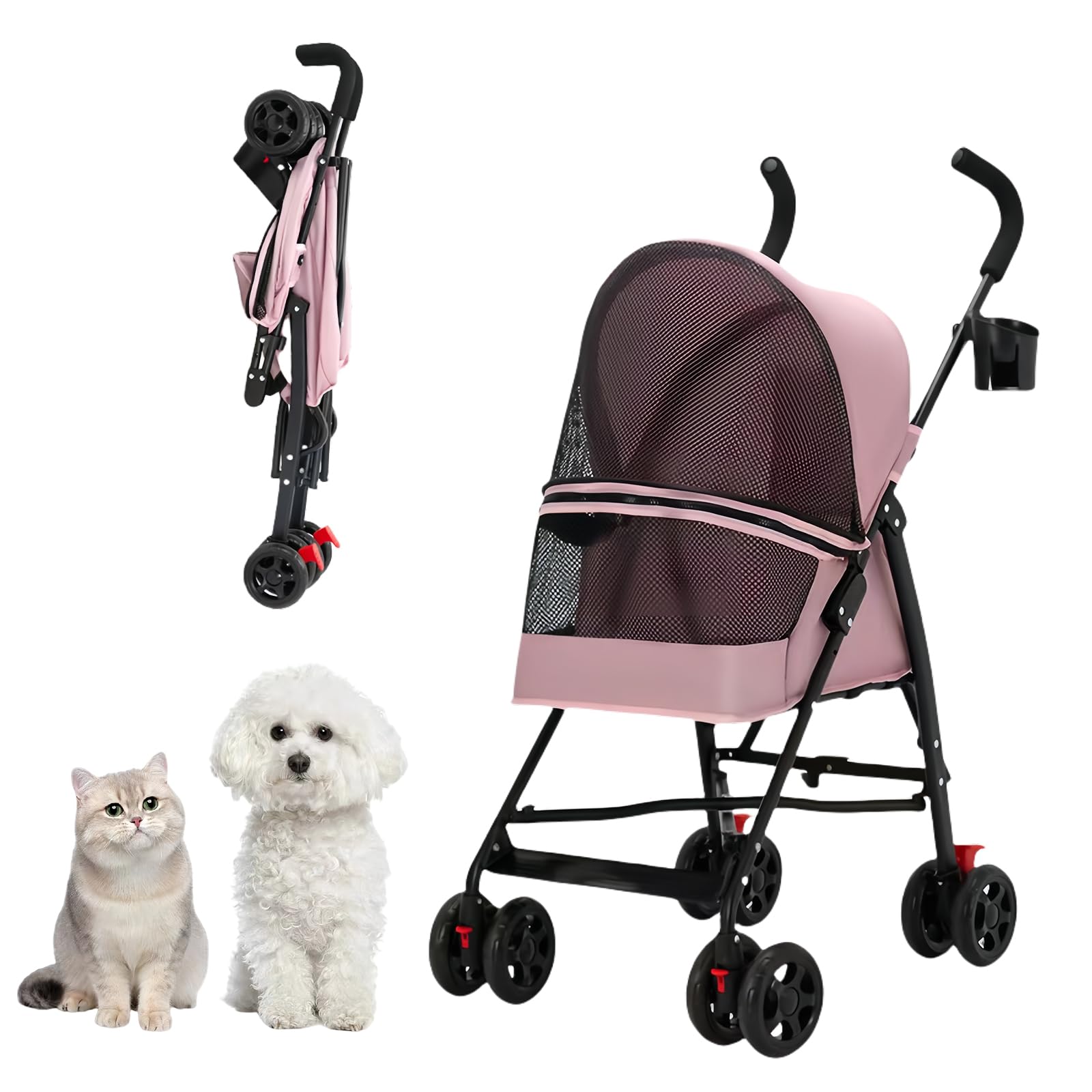 **CYUmail 4-Wheel Foldable Pet Stroller for Small Dogs & Cats - Lightweight, Breathable Mesh, Cup Holder, Pink - Perfect for Walks, Travel & Outdoor Adventures**
