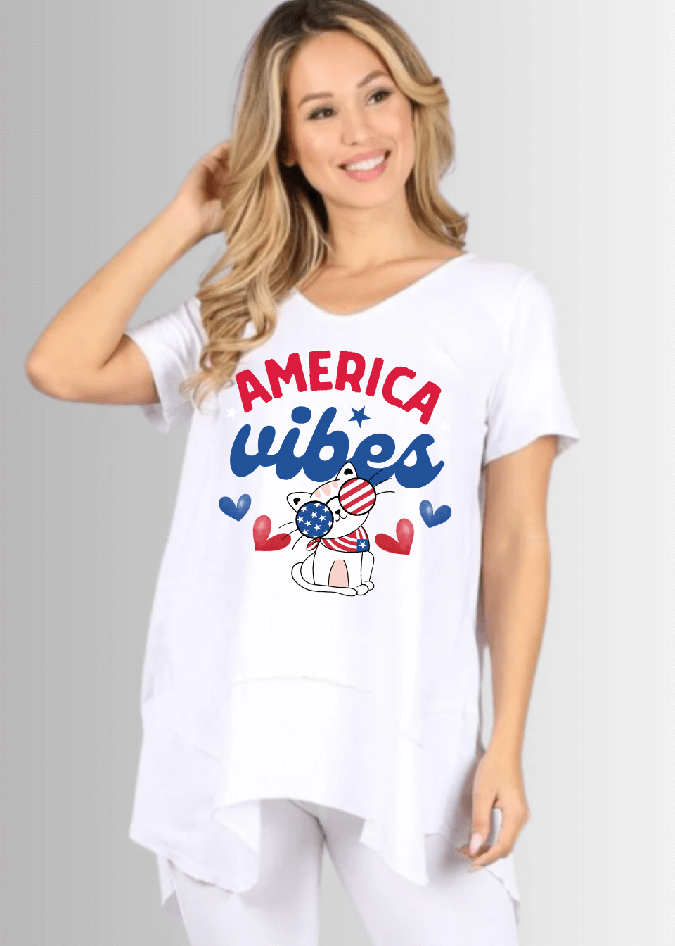 Cool Cat America Vibes Graphic Shark Bite Hem T-Shirt - Trendy Streetwear for Women & Men | Perfect for Casual Outfits, Concerts, and Summer Fashion