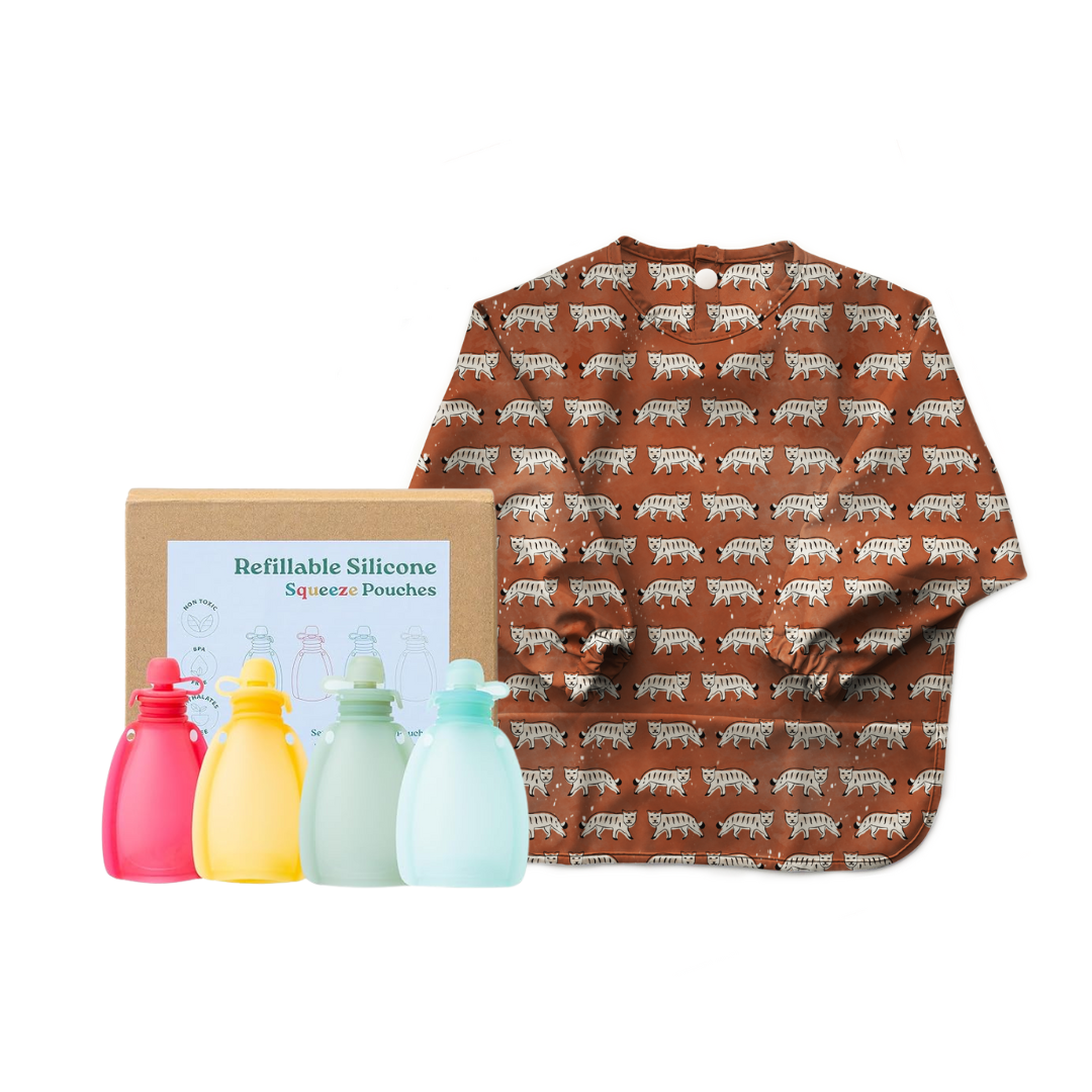 Baby Smock Bib with Reusable Food Pouches Set - Waterproof Feeding Bib & Spill-Proof Snack Bags for Toddlers, Infants & Kids - Perfect for Mealtime, Daycare & On-the-Go Snacking