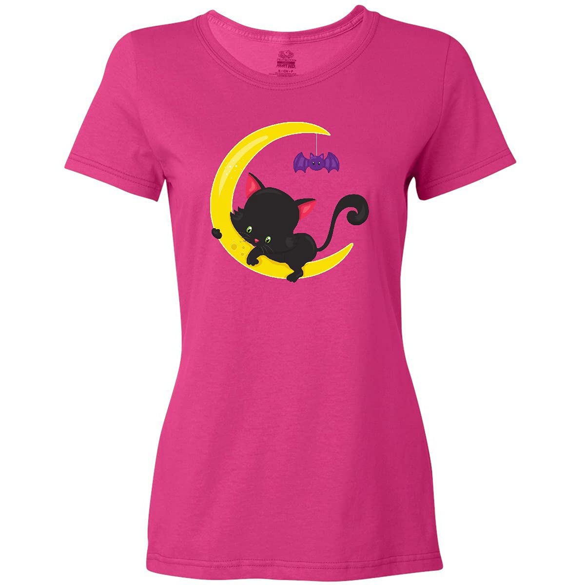 Inktastic Halloween Cat T-Shirt for Women - Cute Black Cat with Moon & Bat Design | Perfect for Halloween Parties & Casual Wear
